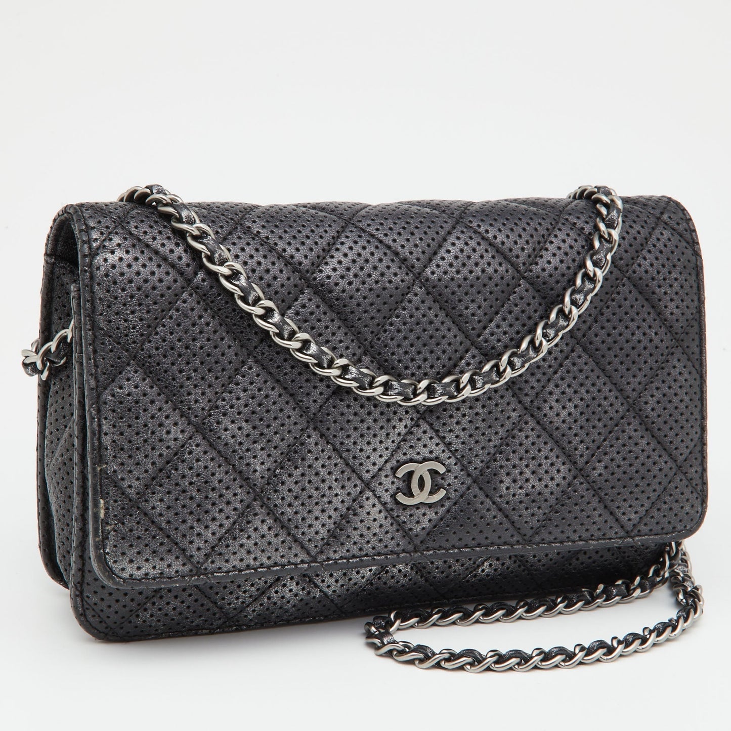 Luxury Chanel Black/Silver Quilted Perforated Leather Classic Wallet on Chain