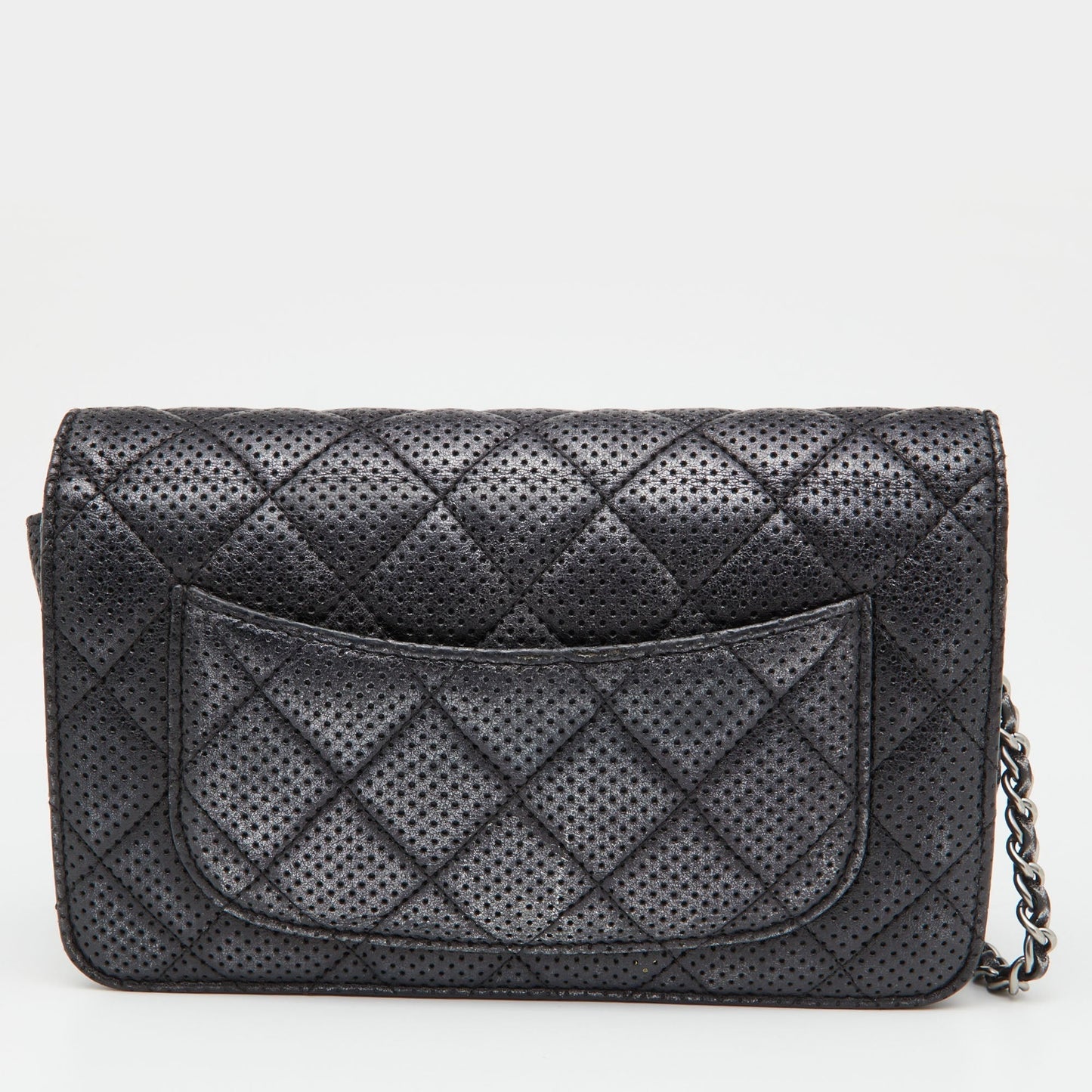 Luxury Chanel Black/Silver Quilted Perforated Leather Classic Wallet on Chain