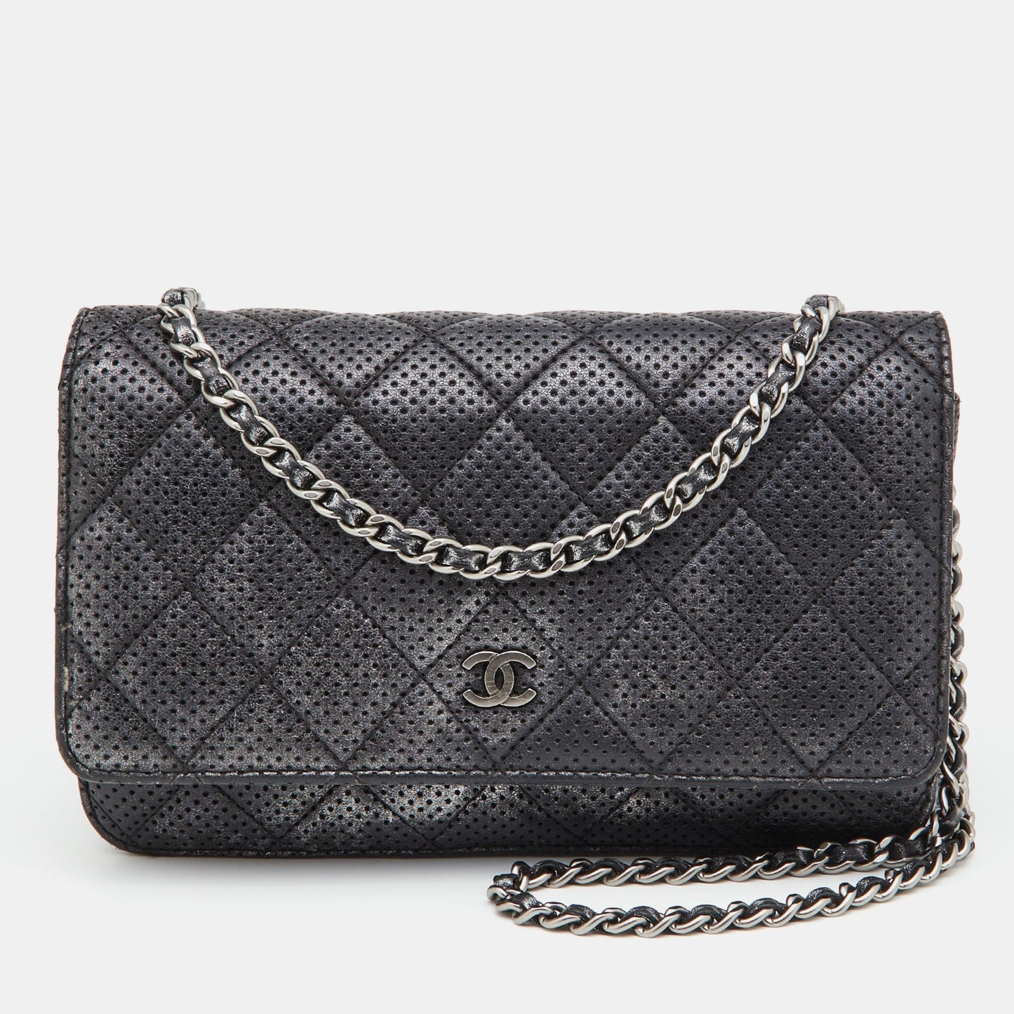 Luxury Chanel Black/Silver Quilted Perforated Leather Classic Wallet on Chain