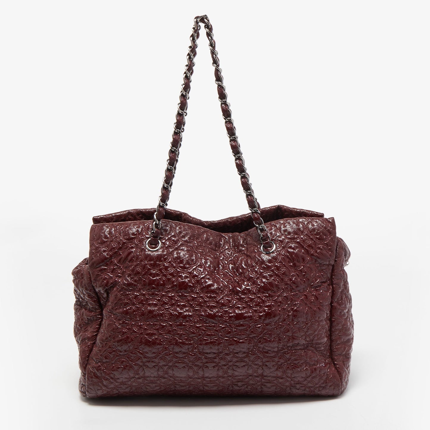 Luxury Chanel Burgundy Camellia Embossed Patent Leather Shoulder Bag