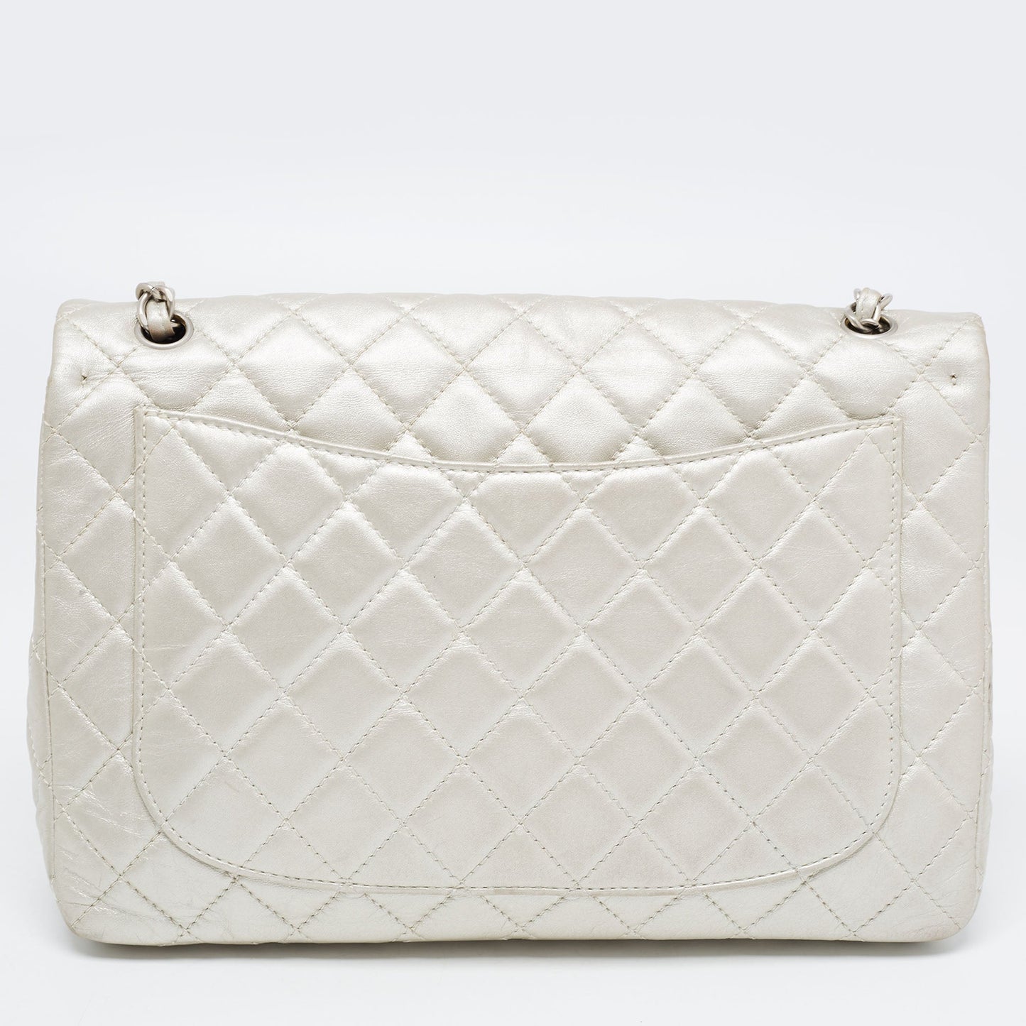 CHANEL Metallic Grey Quilted Leather Maxi Classic Single Flap Bag