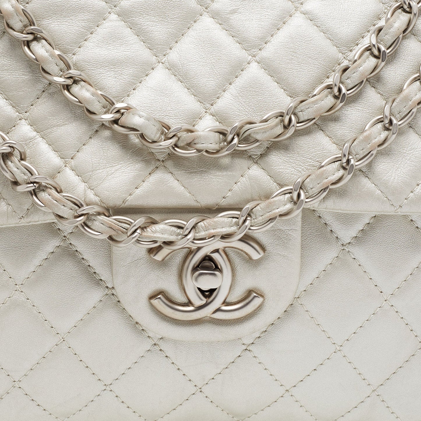 CHANEL Metallic Grey Quilted Leather Maxi Classic Single Flap Bag