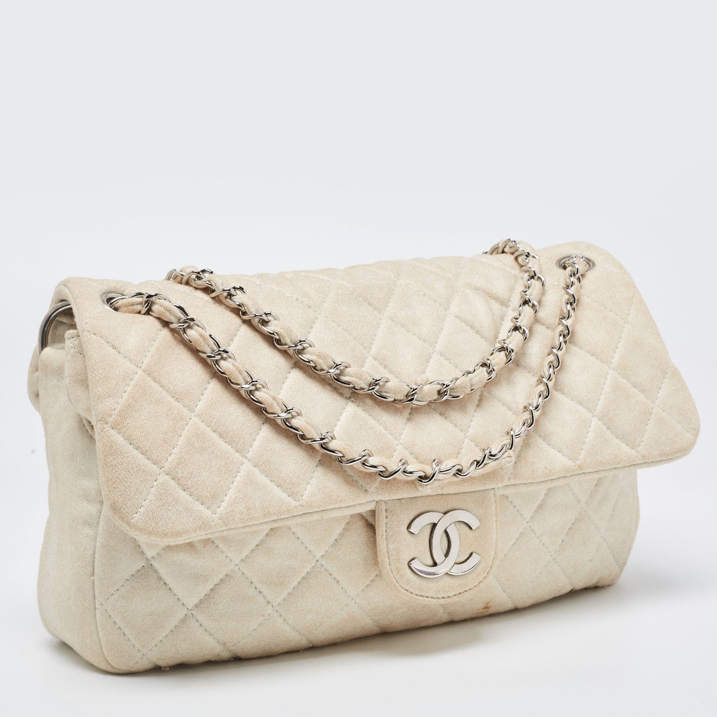 CHANEL White/Gold Quilted Jersey CC Flap Bag