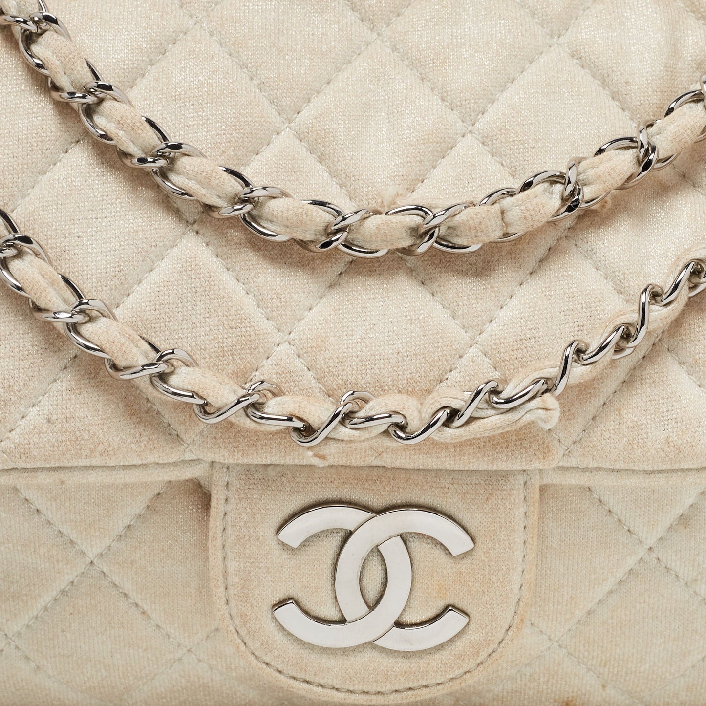 CHANEL White/Gold Quilted Jersey CC Flap Bag