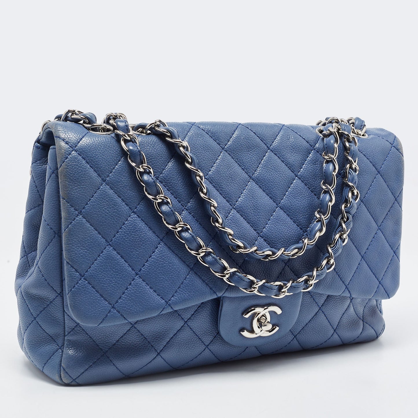 CHANEL Blue Quilted Caviar Leather Jumbo Classic Single Flap Bag