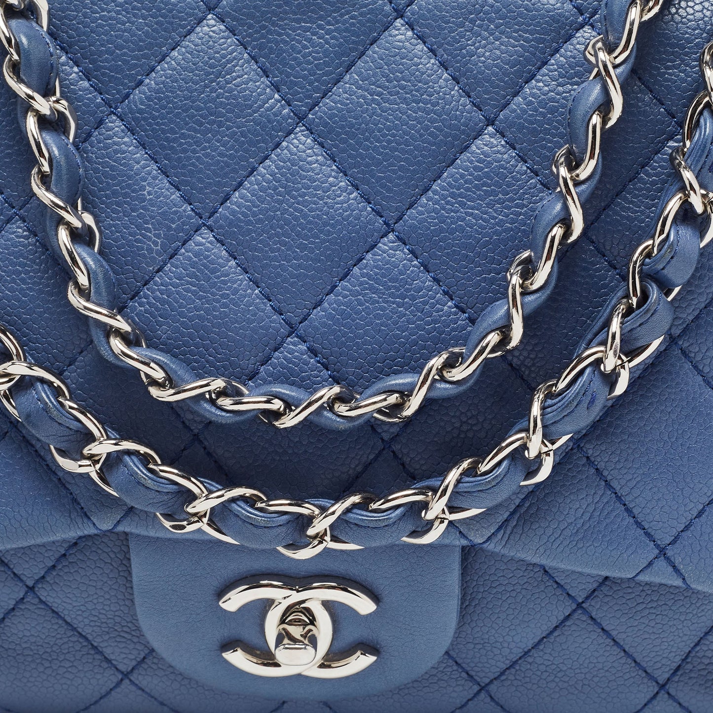 CHANEL Blue Quilted Caviar Leather Jumbo Classic Single Flap Bag