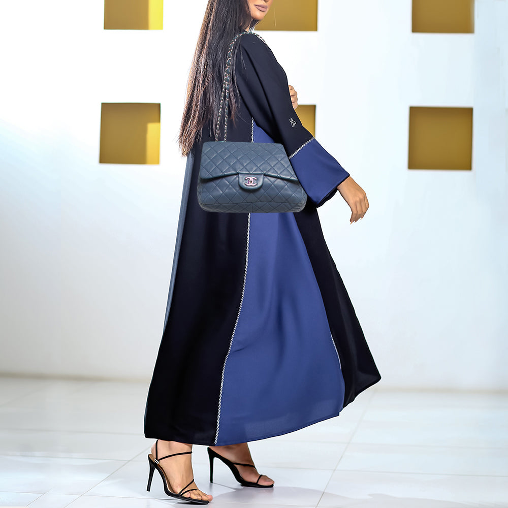 CHANEL Blue Quilted Caviar Leather Jumbo Classic Single Flap Bag