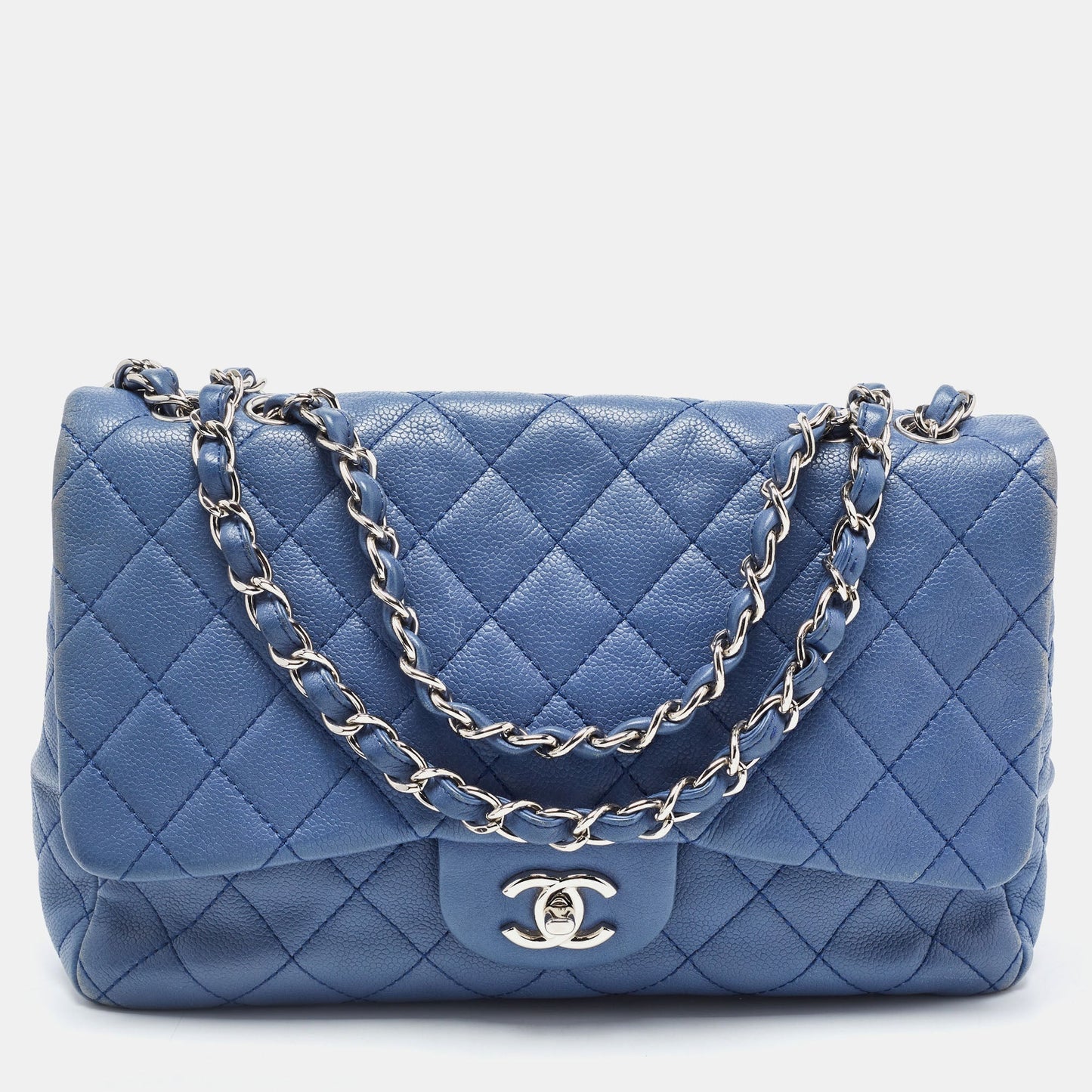 CHANEL Blue Quilted Caviar Leather Jumbo Classic Single Flap Bag