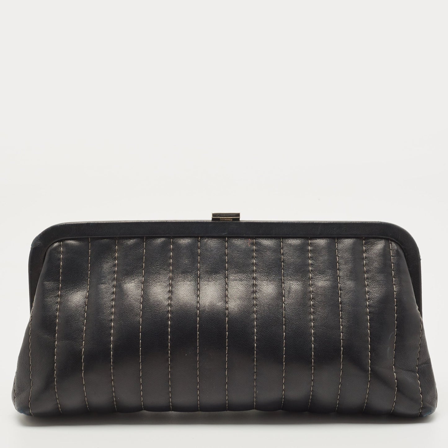CHANEL Black Vertical Stitch Leather Vintage Clutch