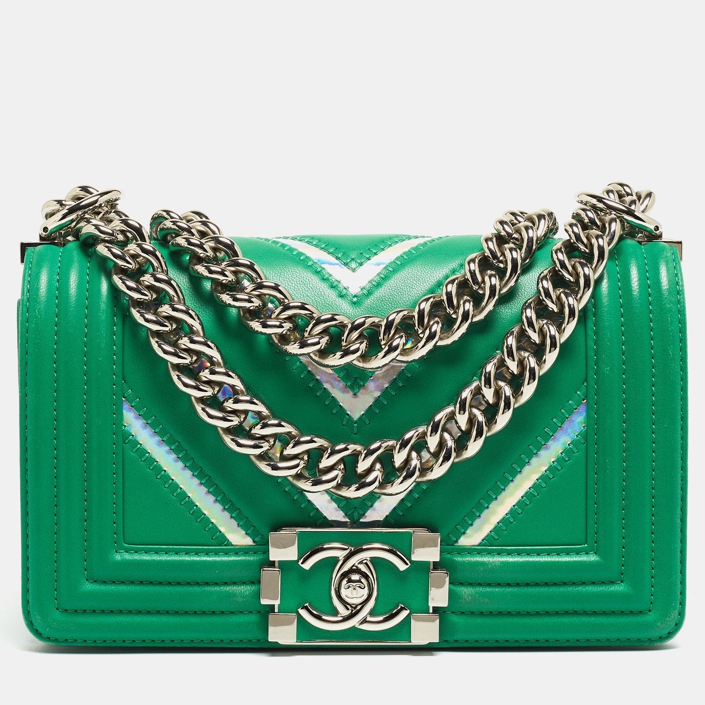 CHANEL Green Small Iridescent Chevron Boy Bag