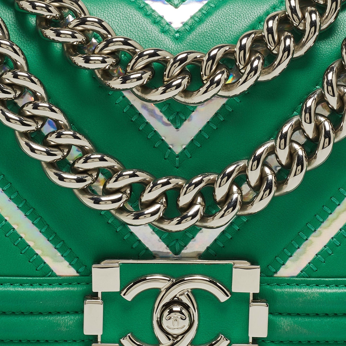 CHANEL Green Small Iridescent Chevron Boy Bag