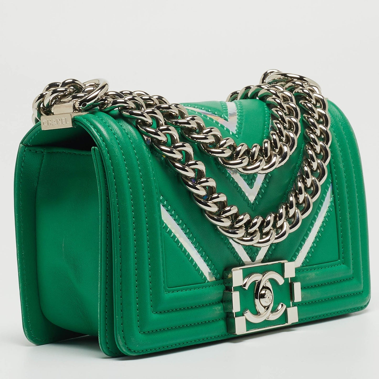 CHANEL Green Small Iridescent Chevron Boy Bag
