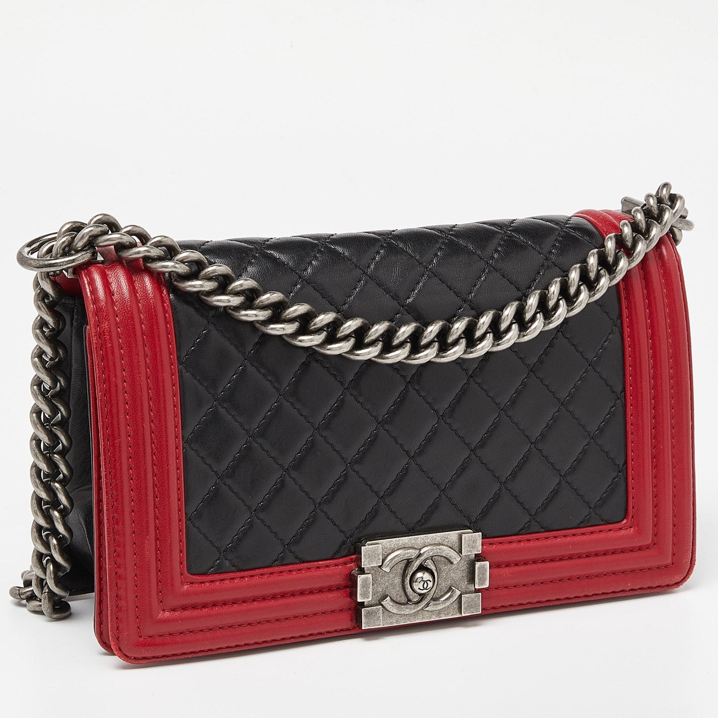 CHANEL Black/Red Quilted Leather Medium Boy Flap Bag