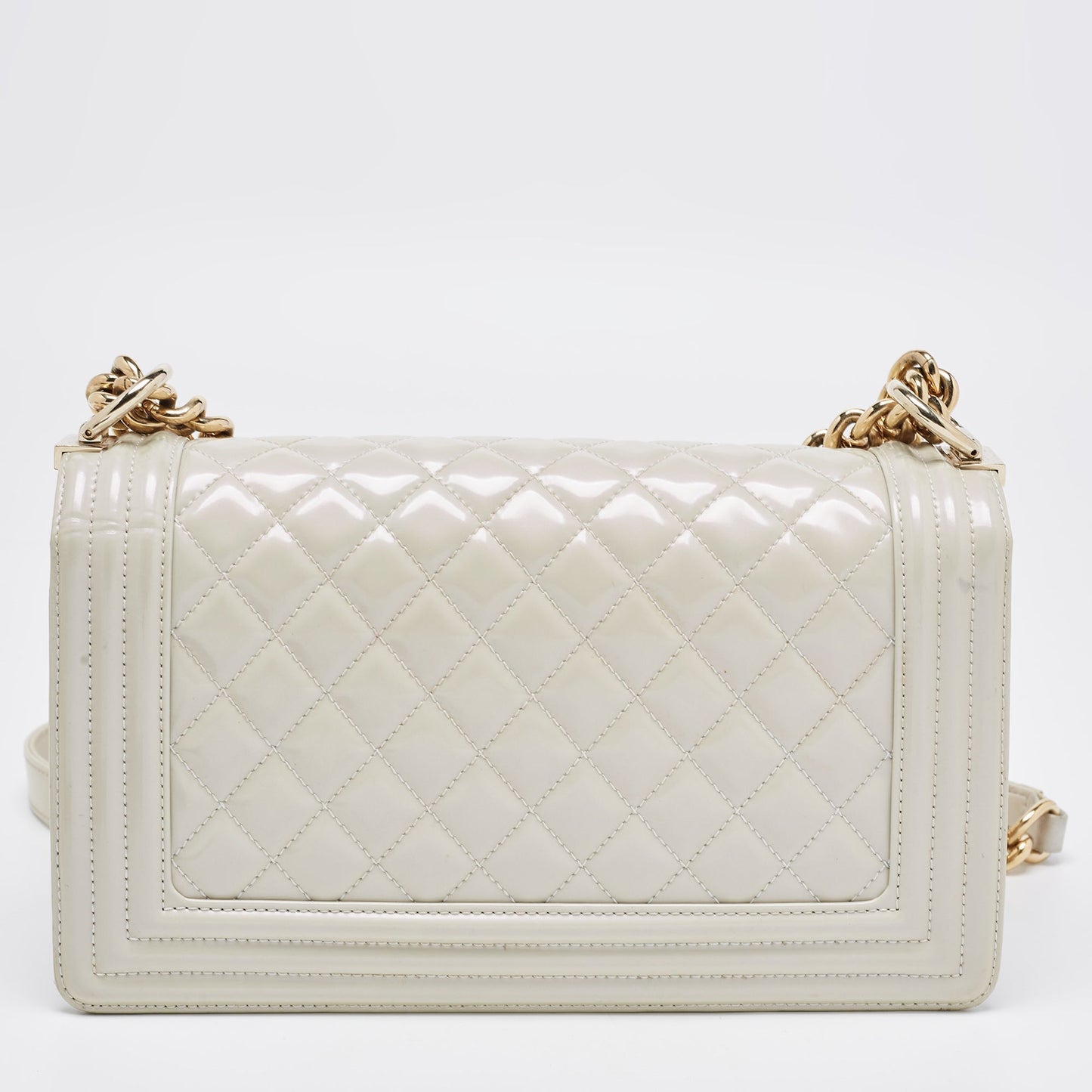 CHANEL Pearl White Quilted Patent Leather Medium Boy Flap Bag
