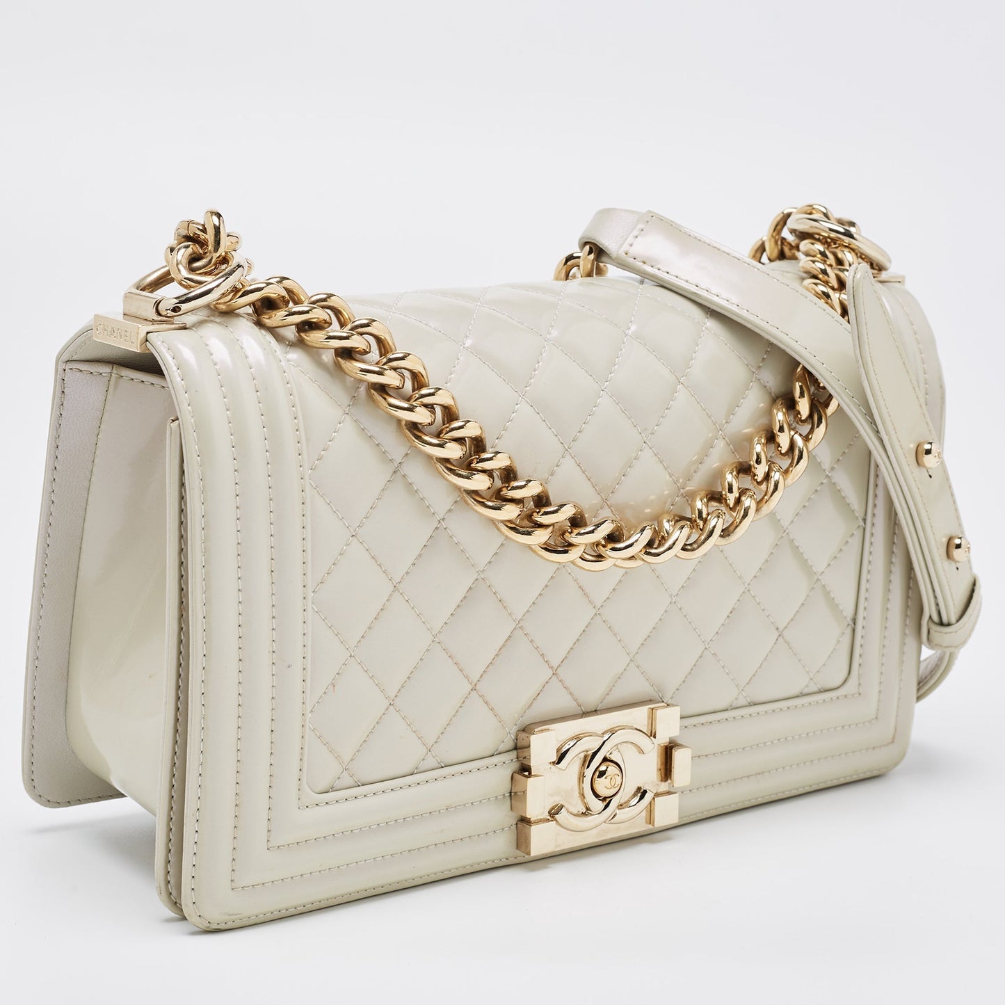 CHANEL Pearl White Quilted Patent Leather Medium Boy Flap Bag