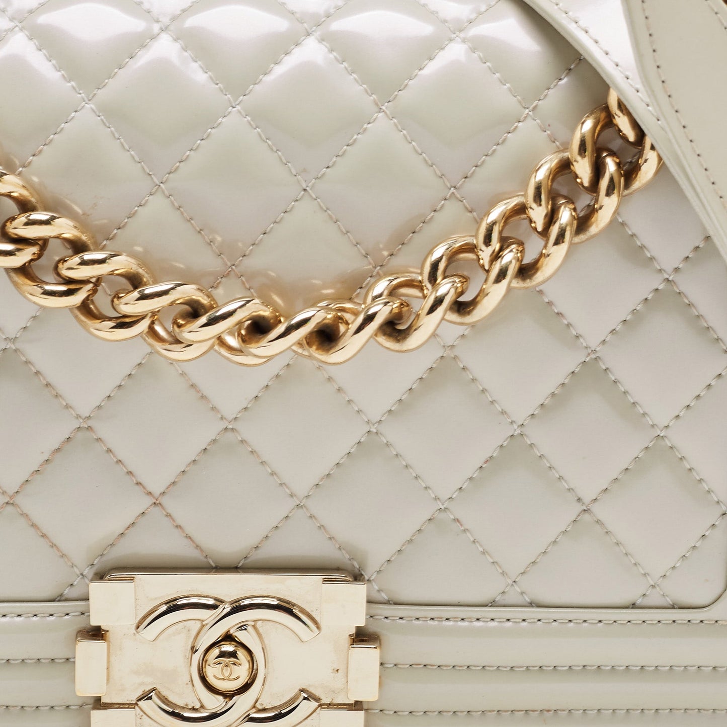 CHANEL Pearl White Quilted Patent Leather Medium Boy Flap Bag