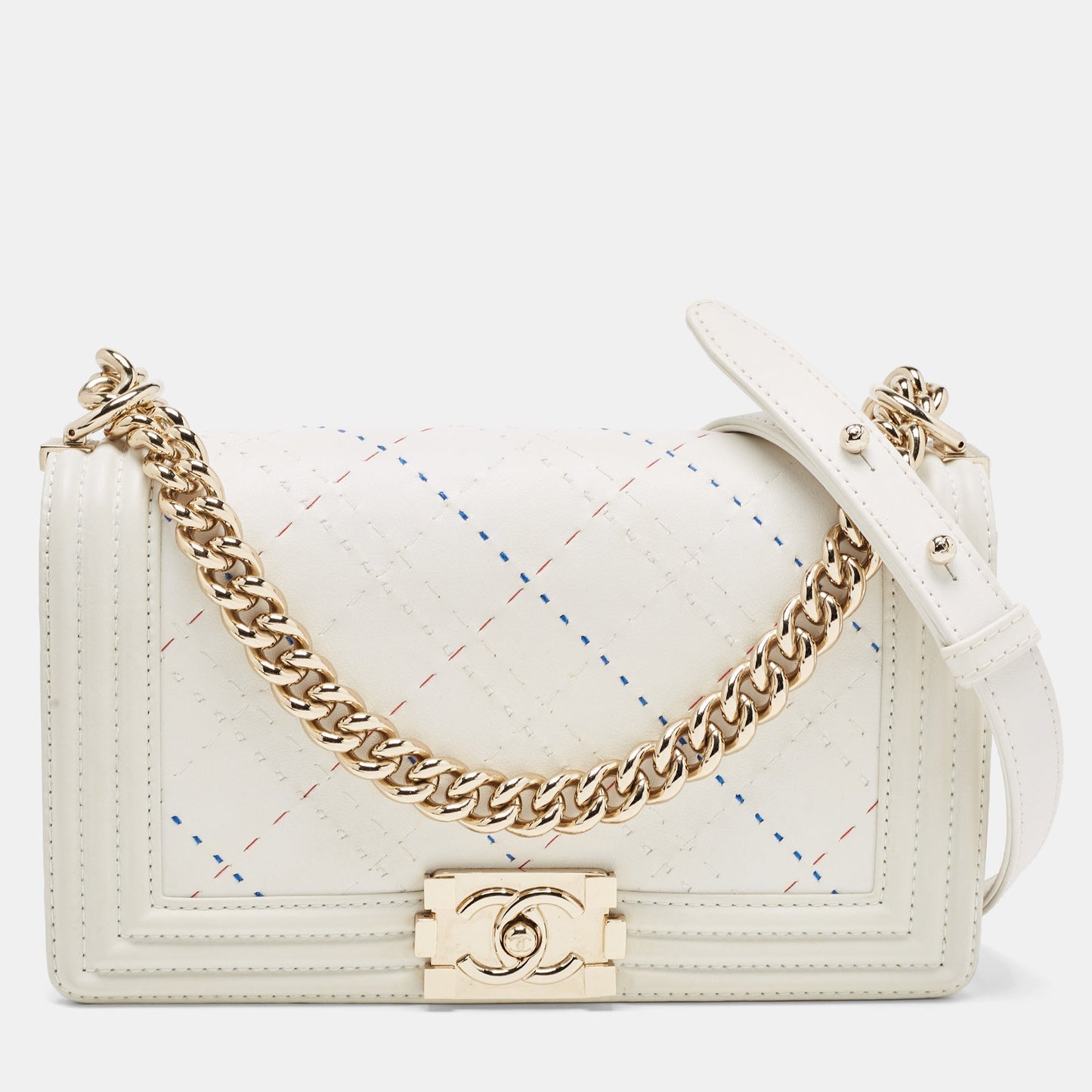 CHANEL White Stitch Quilted Leather Medium Boy Flap Bag