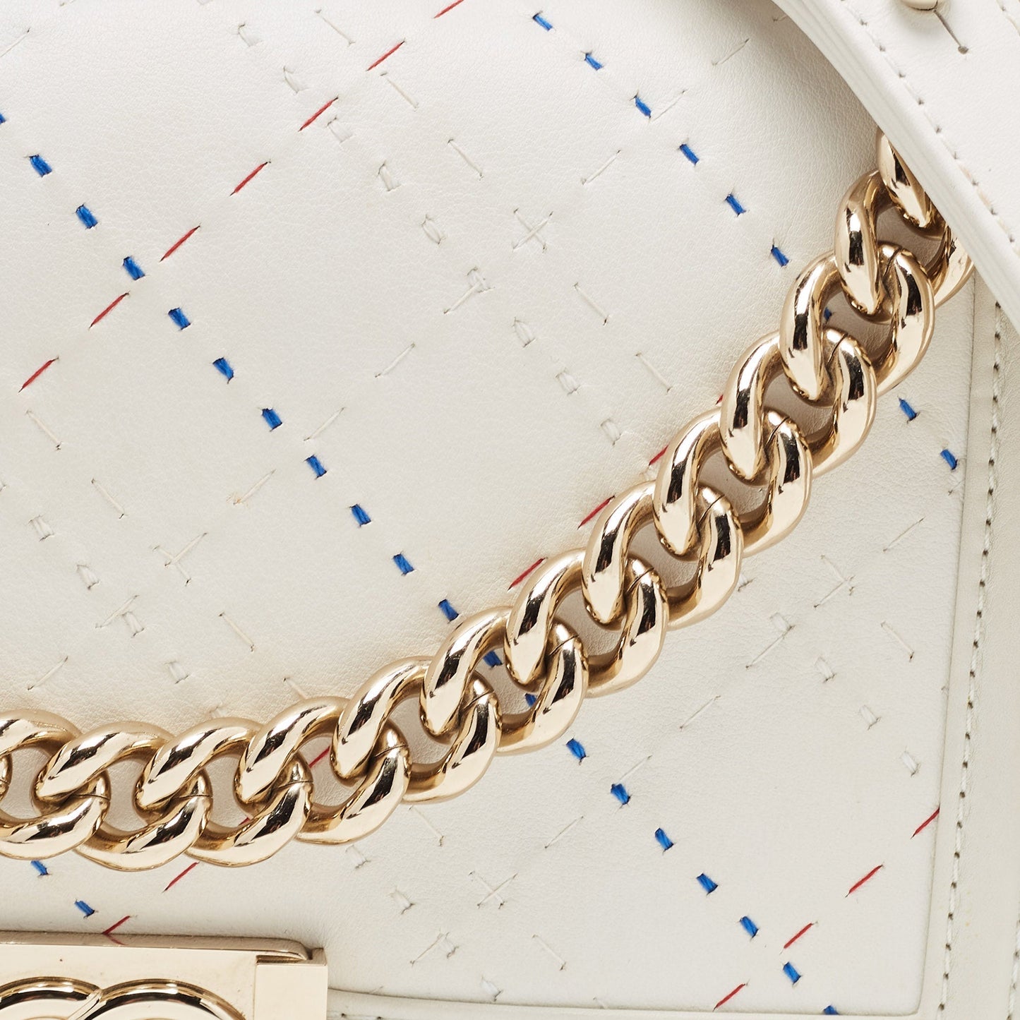 CHANEL White Stitch Quilted Leather Medium Boy Flap Bag
