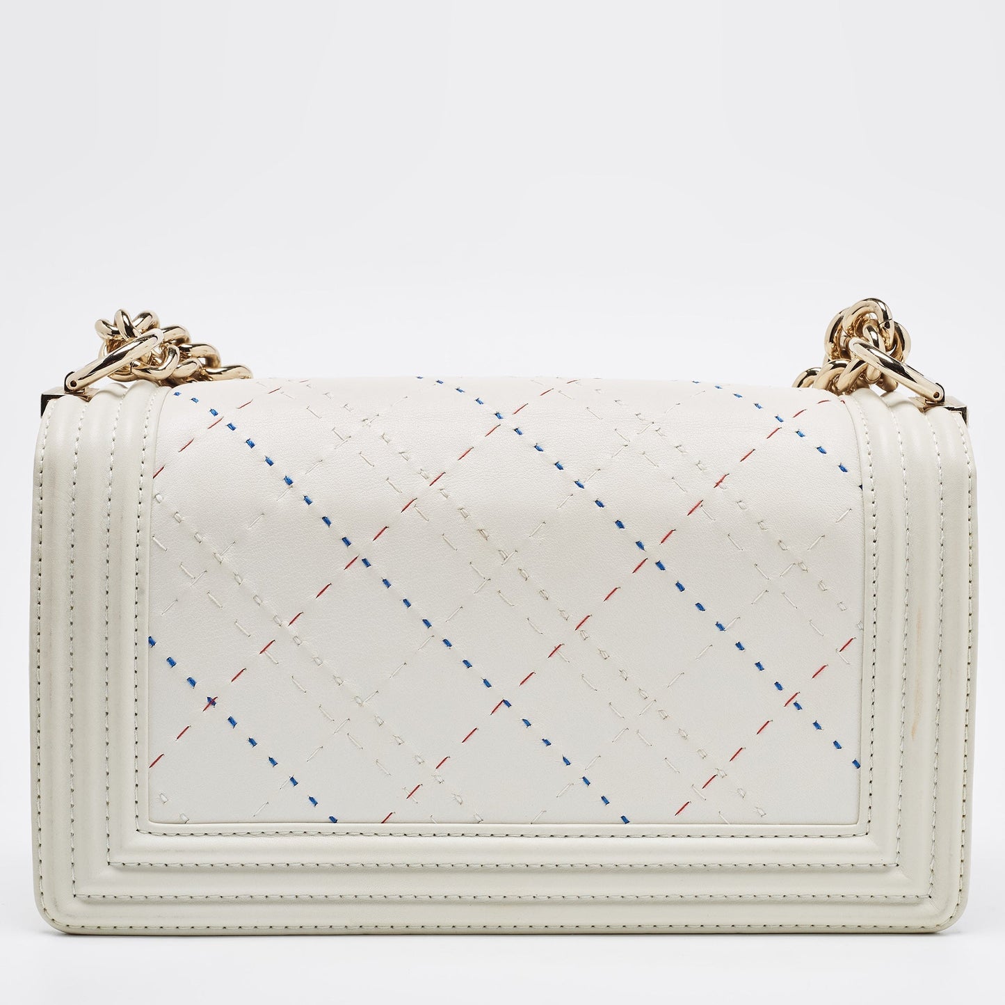 CHANEL White Stitch Quilted Leather Medium Boy Flap Bag