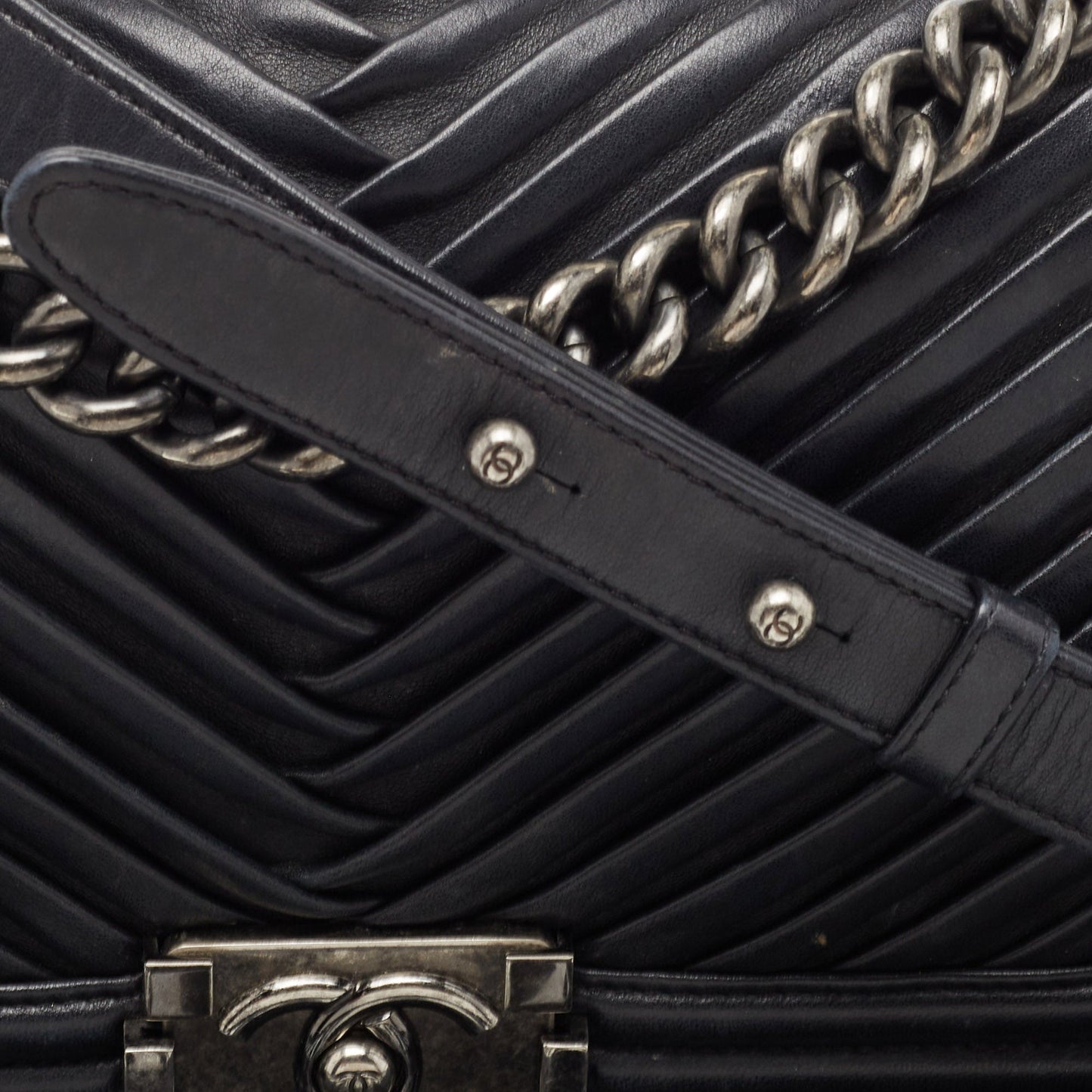 CHANEL Black Chevron Pleated Leather Medium Boy Flap Bag