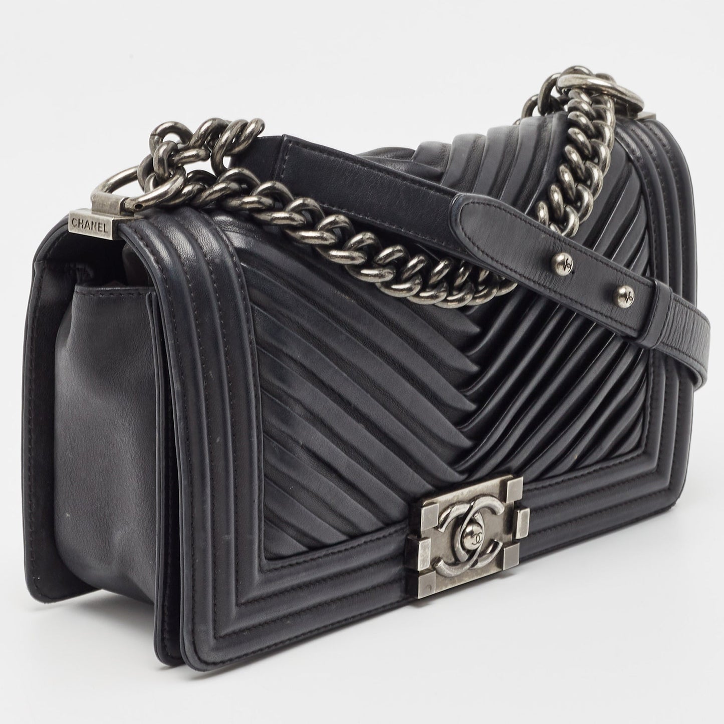 CHANEL Black Chevron Pleated Leather Medium Boy Flap Bag