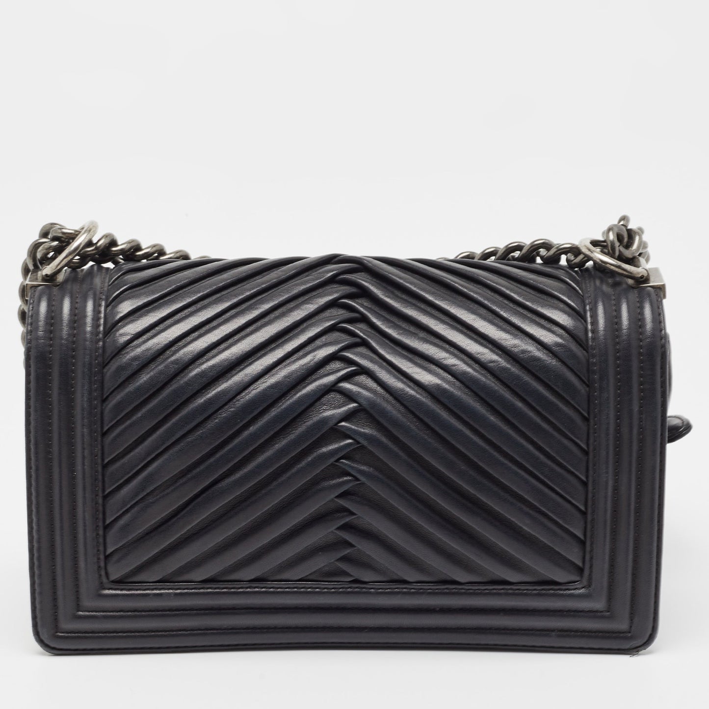 CHANEL Black Chevron Pleated Leather Medium Boy Flap Bag