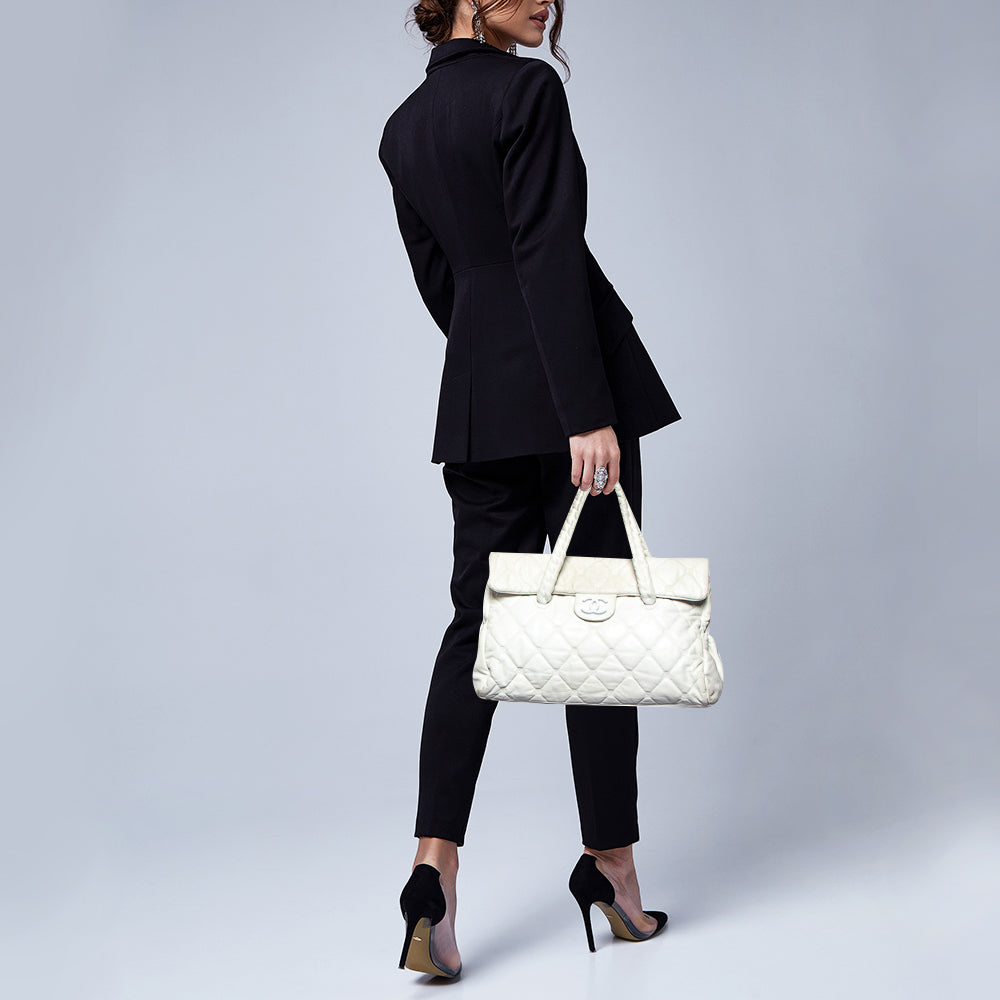 CHANEL White Quilted Leather Hidden Chain Flap Bag