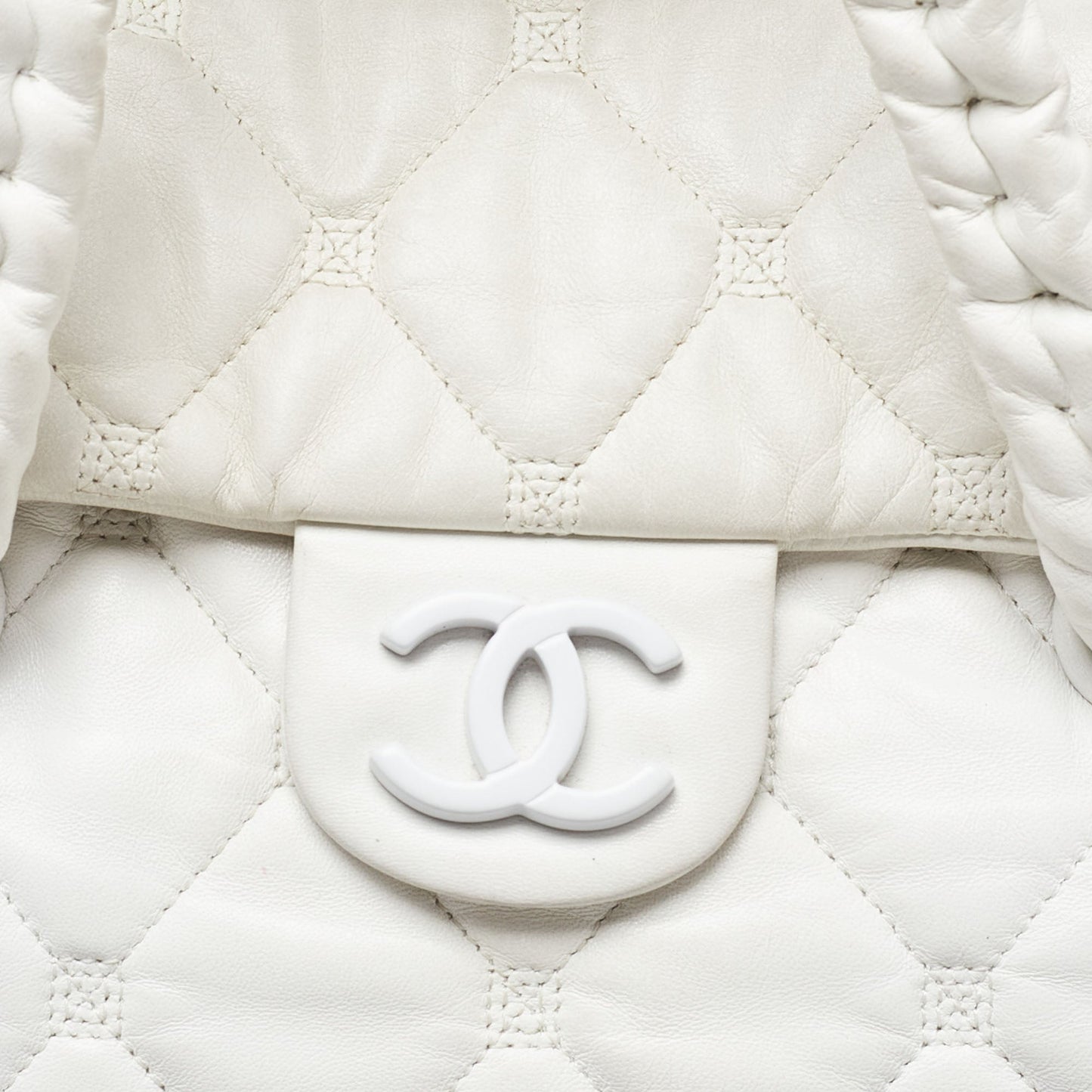 CHANEL White Quilted Leather Hidden Chain Flap Bag