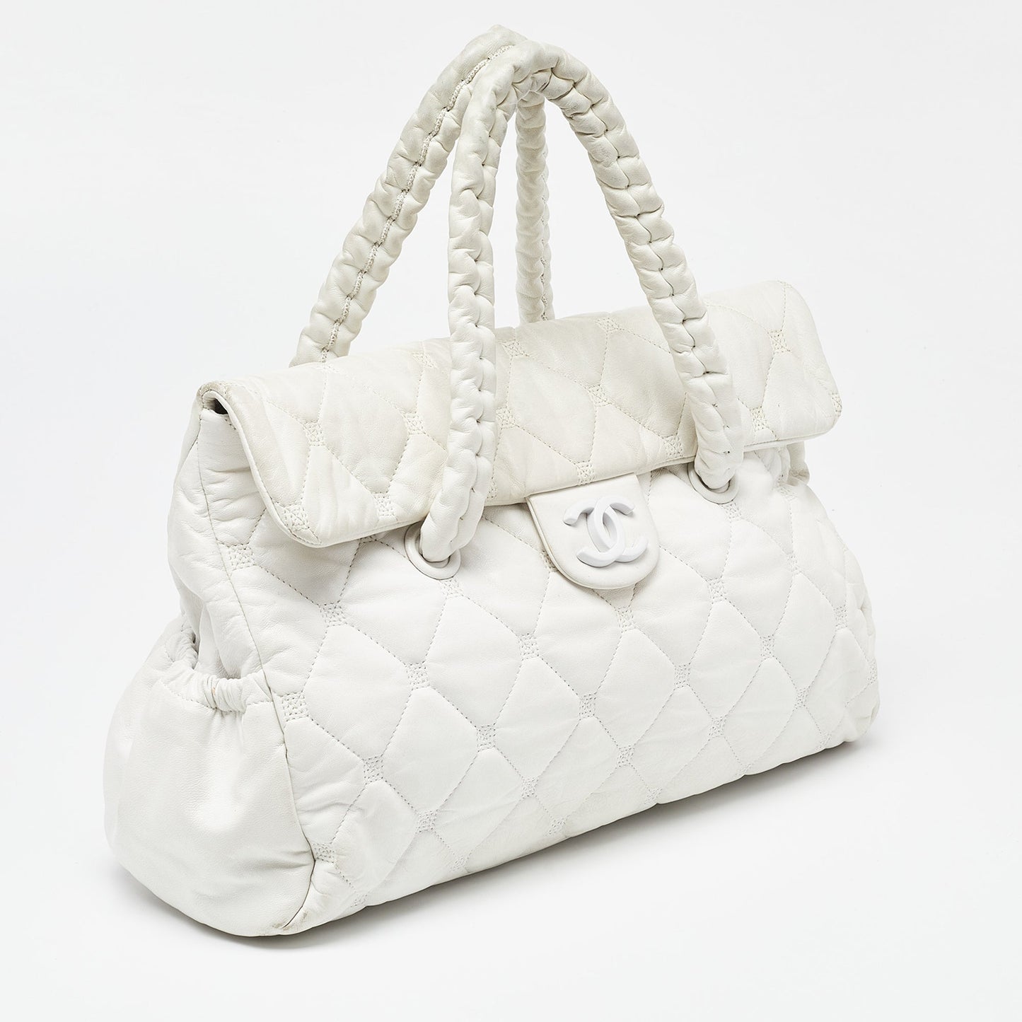 CHANEL White Quilted Leather Hidden Chain Flap Bag