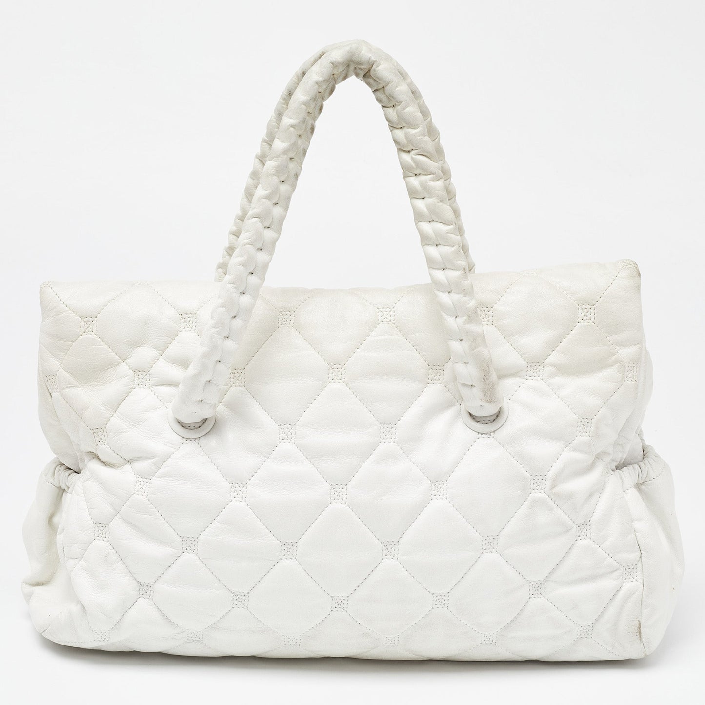 CHANEL White Quilted Leather Hidden Chain Flap Bag