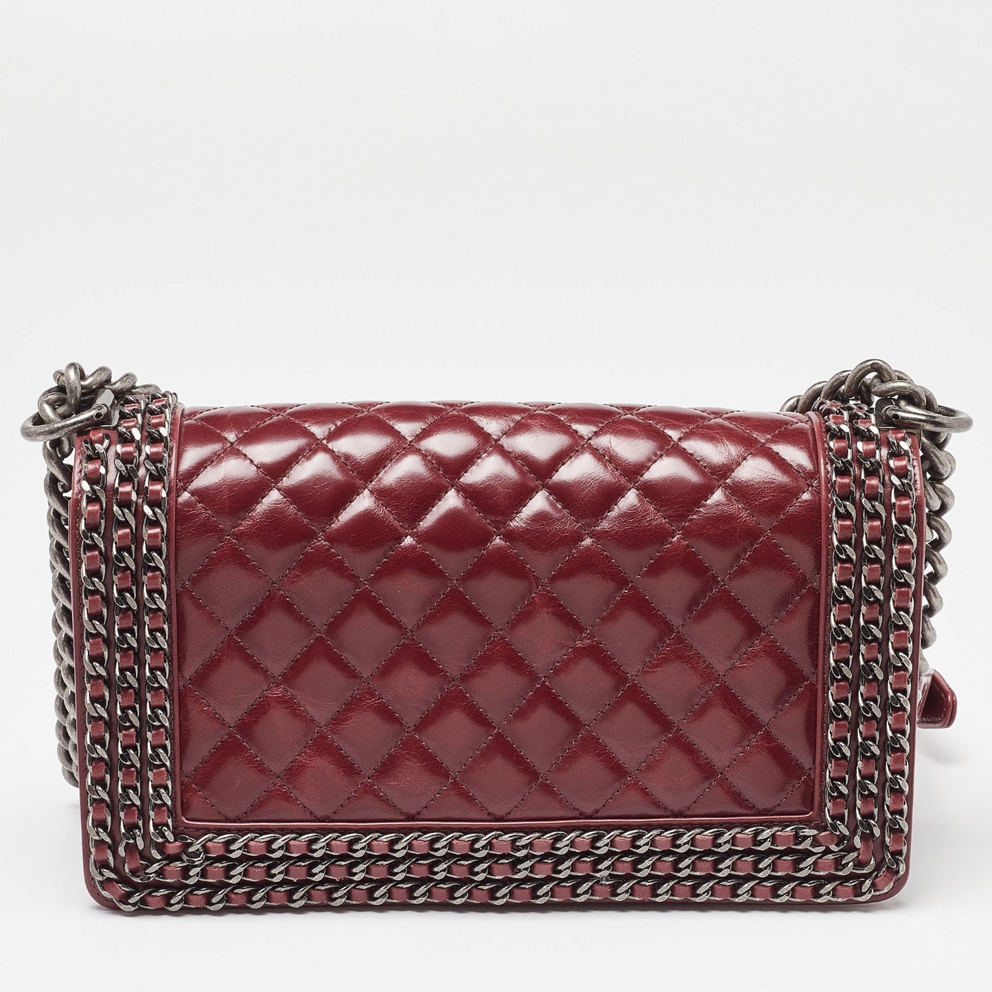 CHANEL Red Quilted Leather Medium Interlaced Chained Boy Flap Bag