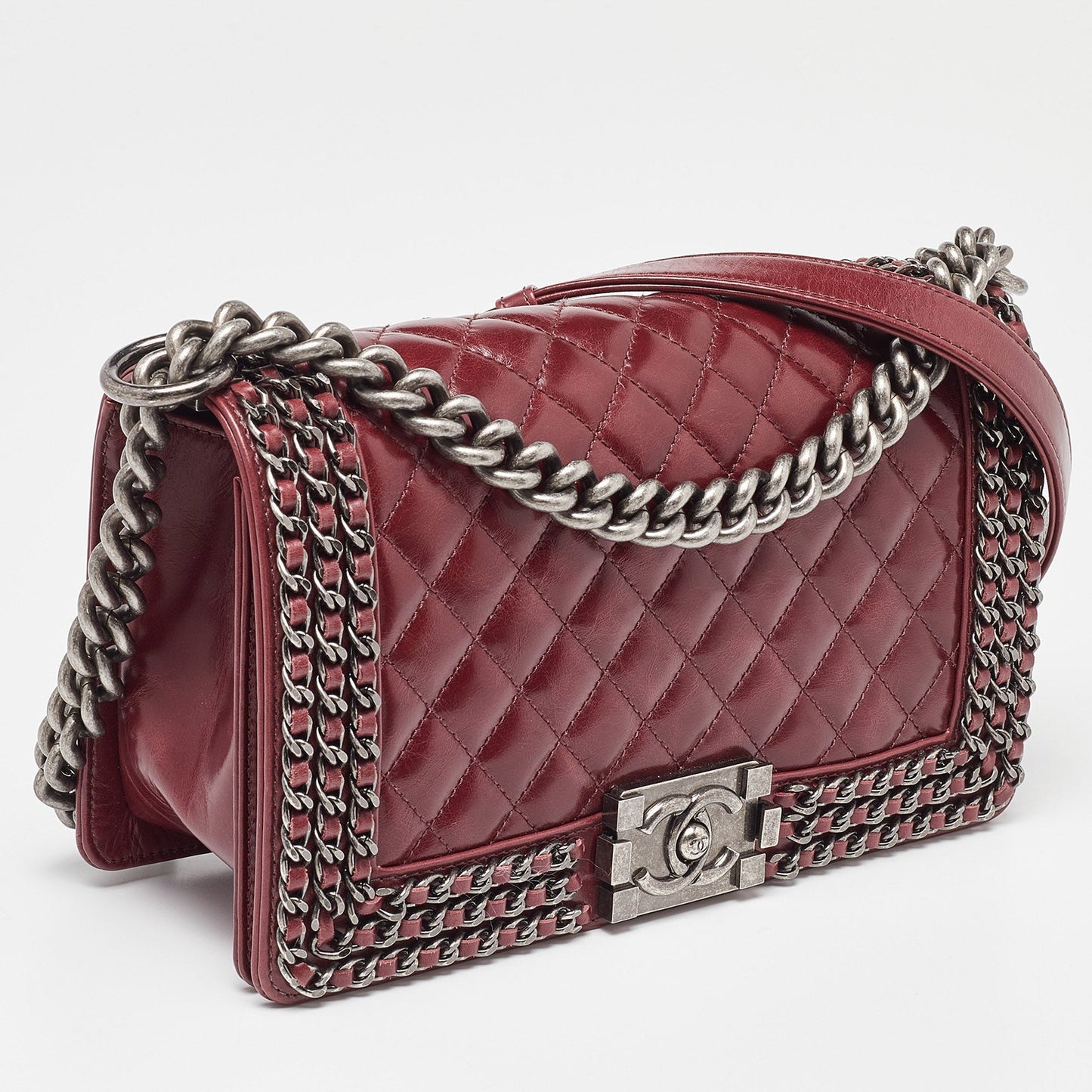 CHANEL Red Quilted Leather Medium Interlaced Chained Boy Flap Bag