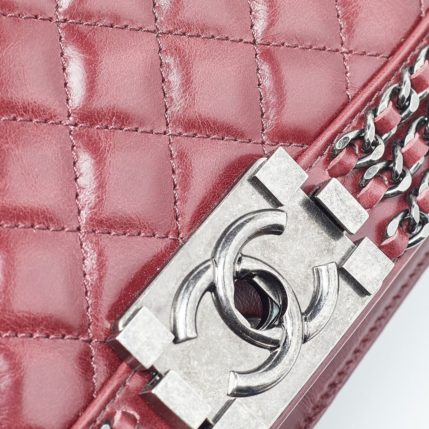 CHANEL Red Quilted Leather Medium Interlaced Chained Boy Flap Bag