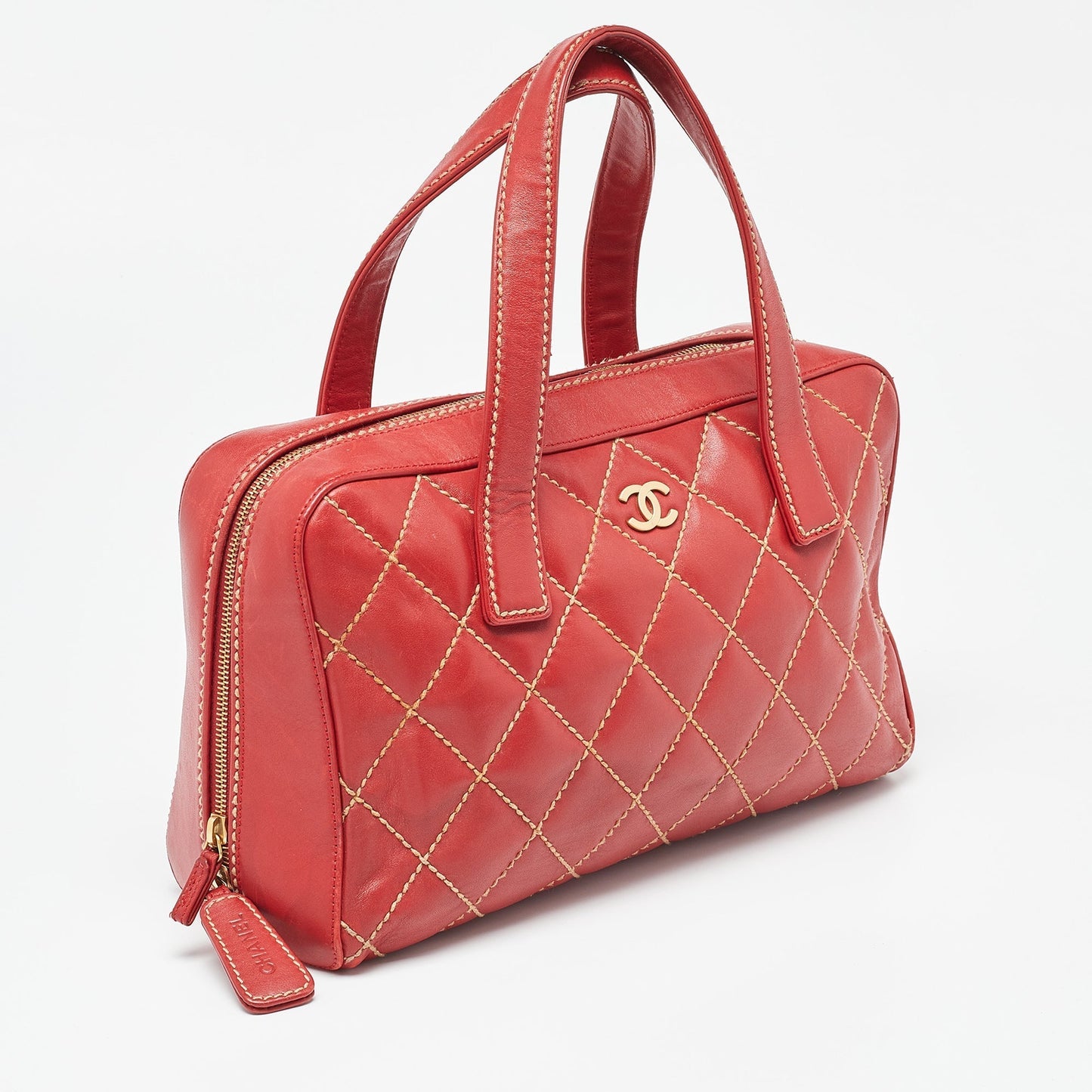 CHANEL Red Quilted Leather Surpique Bowler Bag