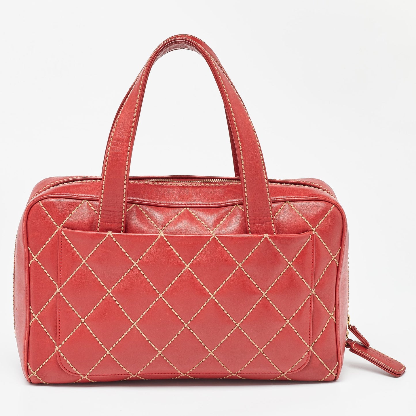 CHANEL Red Quilted Leather Surpique Bowler Bag