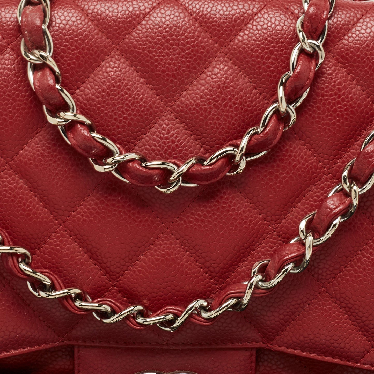 CHANEL Red Quilted Caviar Leather Jumbo Classic Single Flap Bag