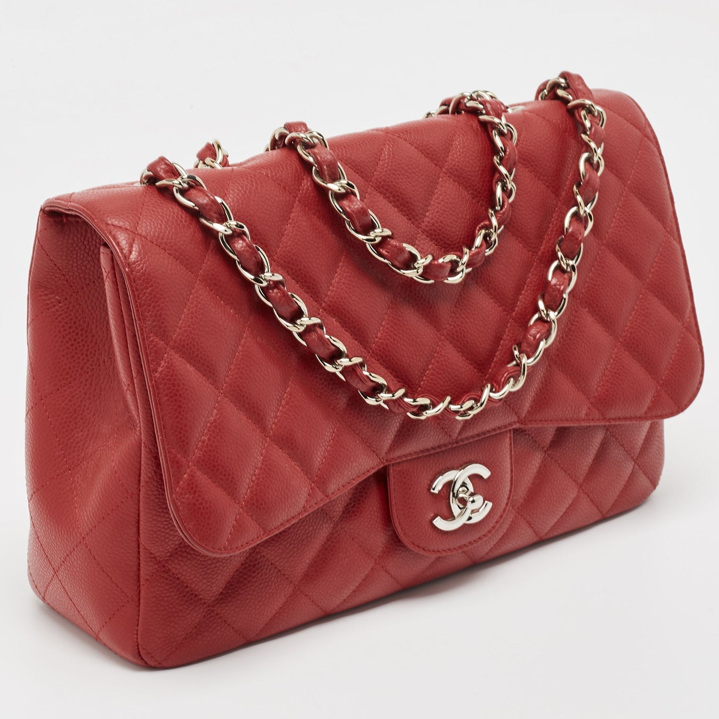 CHANEL Red Quilted Caviar Leather Jumbo Classic Single Flap Bag