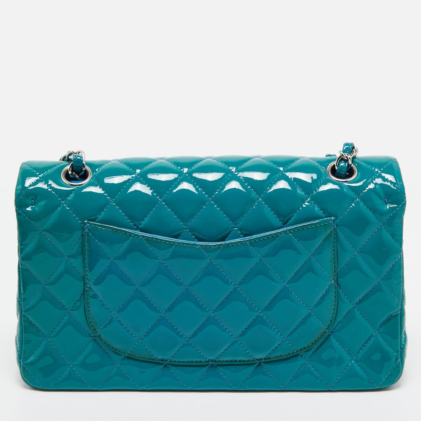 CHANEL Teal Blue Quilted Patent Leather Medium Classic Double Flap Bag