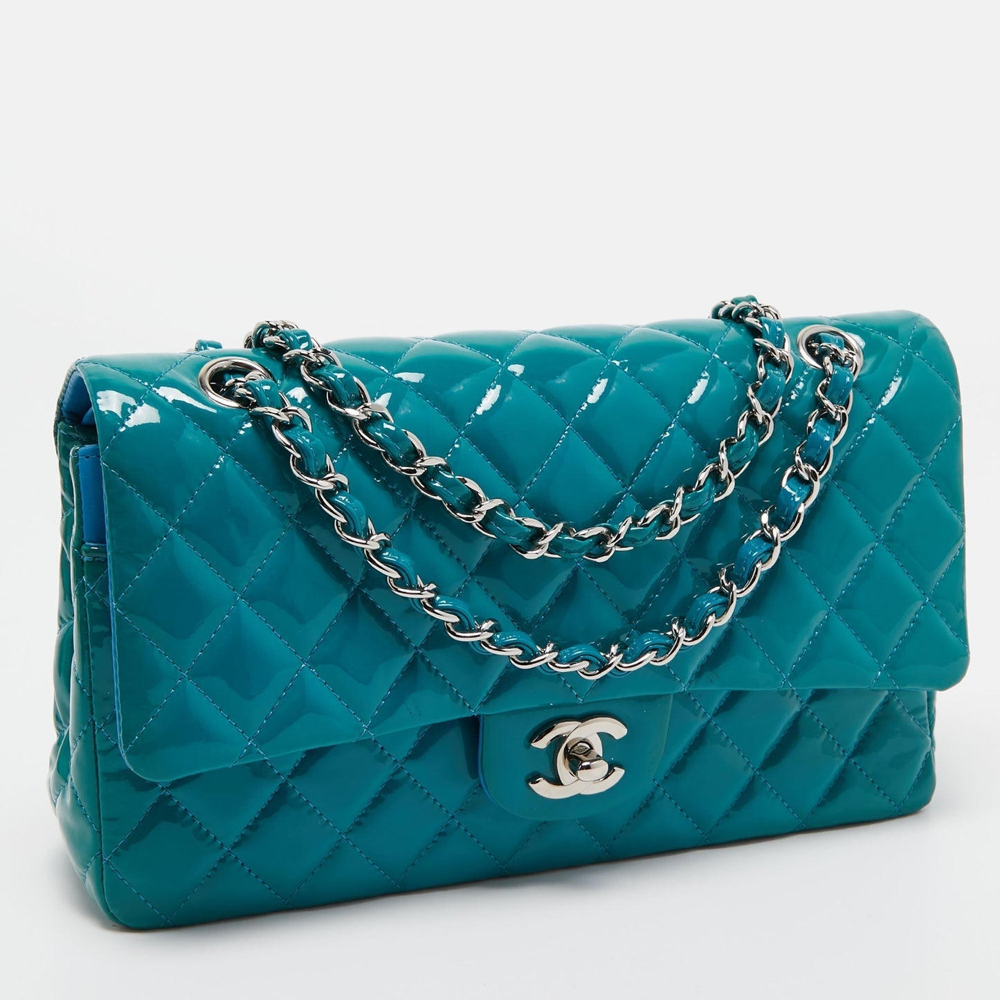 CHANEL Teal Blue Quilted Patent Leather Medium Classic Double Flap Bag