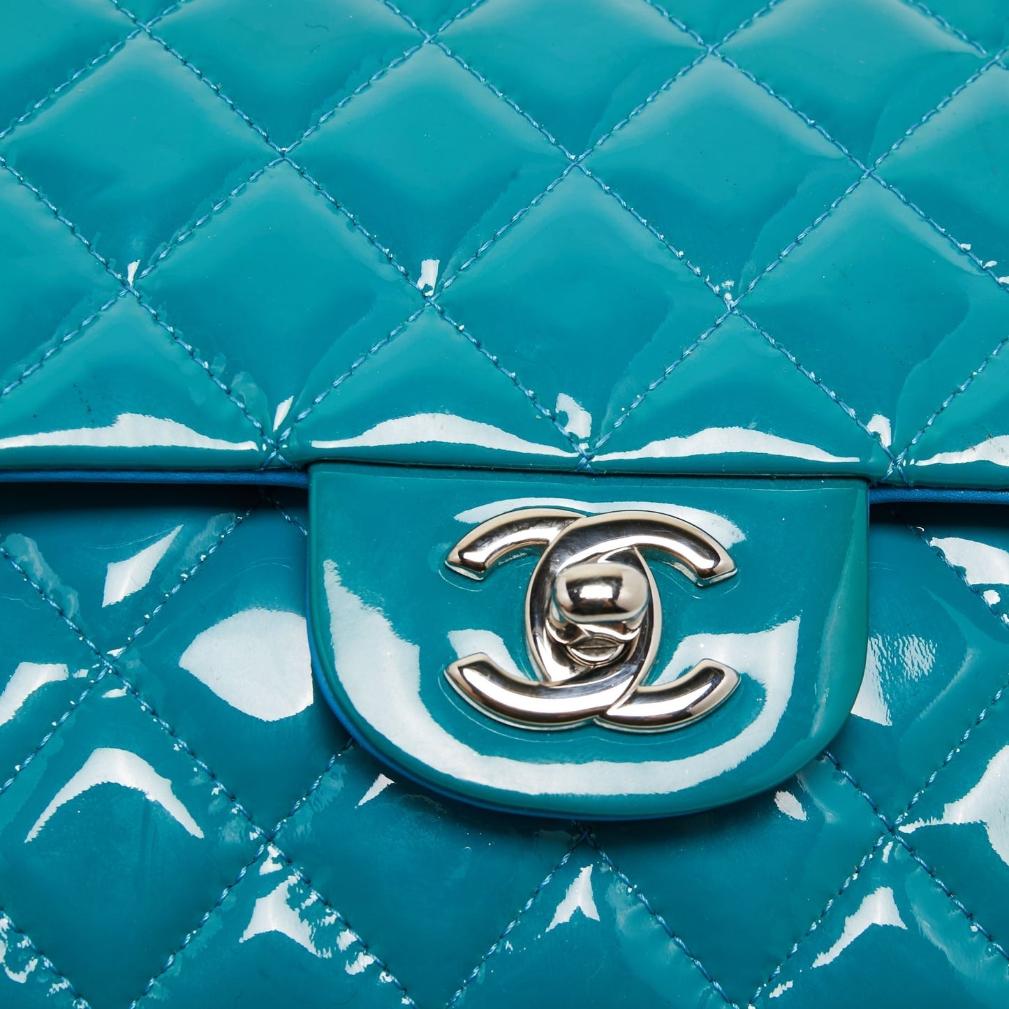 CHANEL Teal Blue Quilted Patent Leather Medium Classic Double Flap Bag