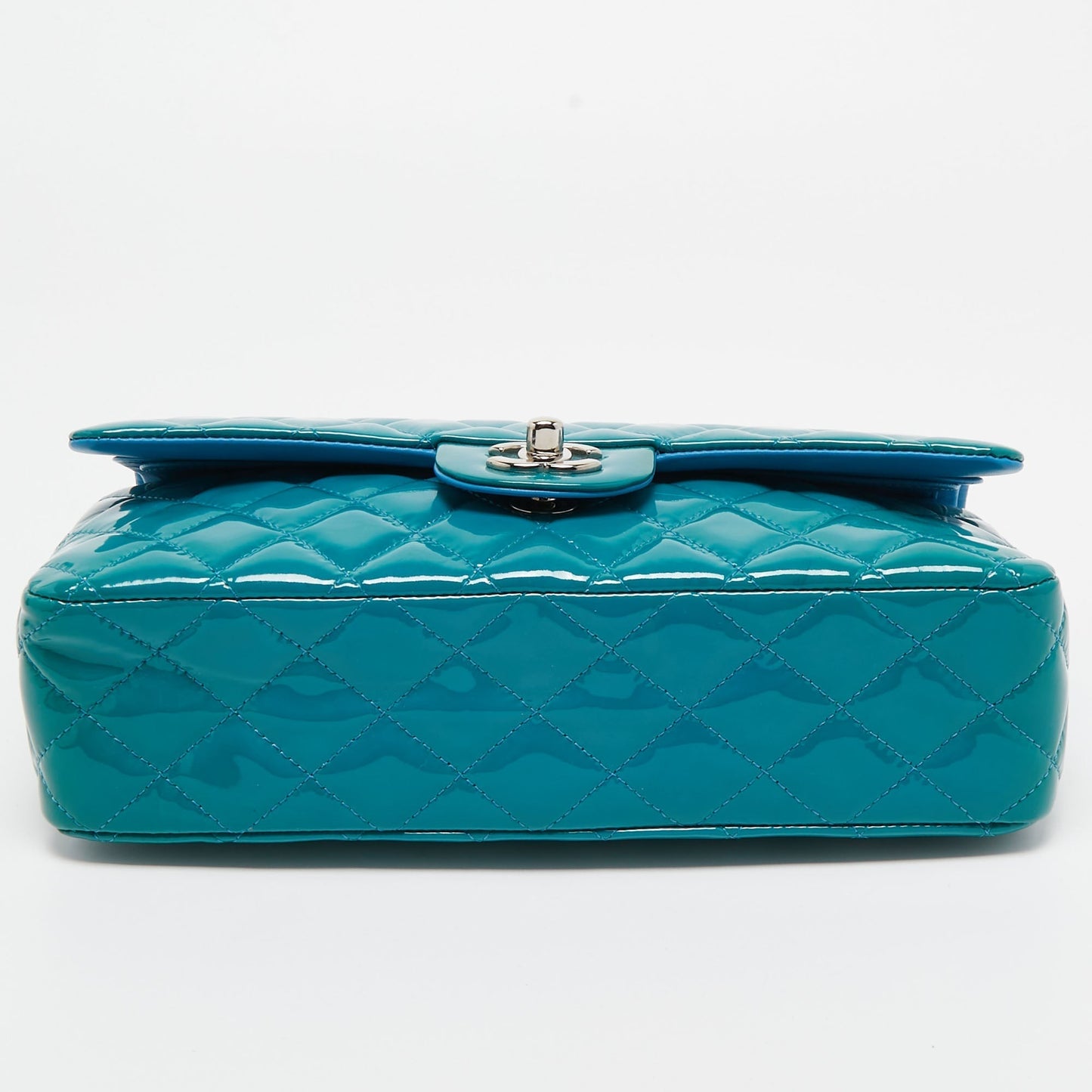 CHANEL Teal Blue Quilted Patent Leather Medium Classic Double Flap Bag