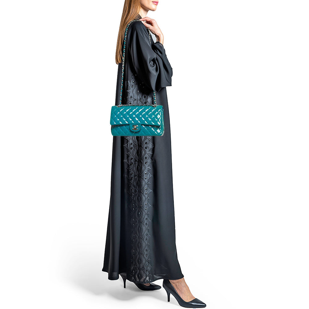 CHANEL Teal Blue Quilted Patent Leather Medium Classic Double Flap Bag