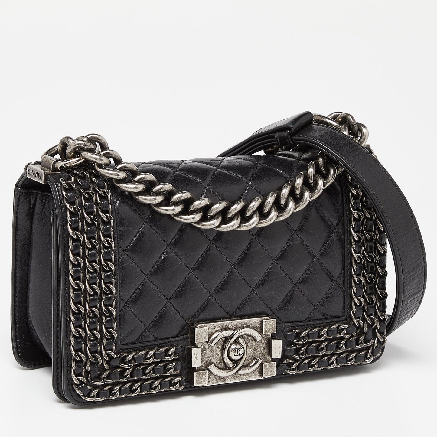CHANEL Black Quilted Leather Small Boy Chained Flap Bag