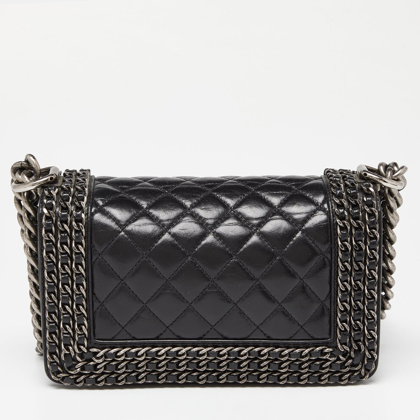 CHANEL Black Quilted Leather Small Boy Chained Flap Bag