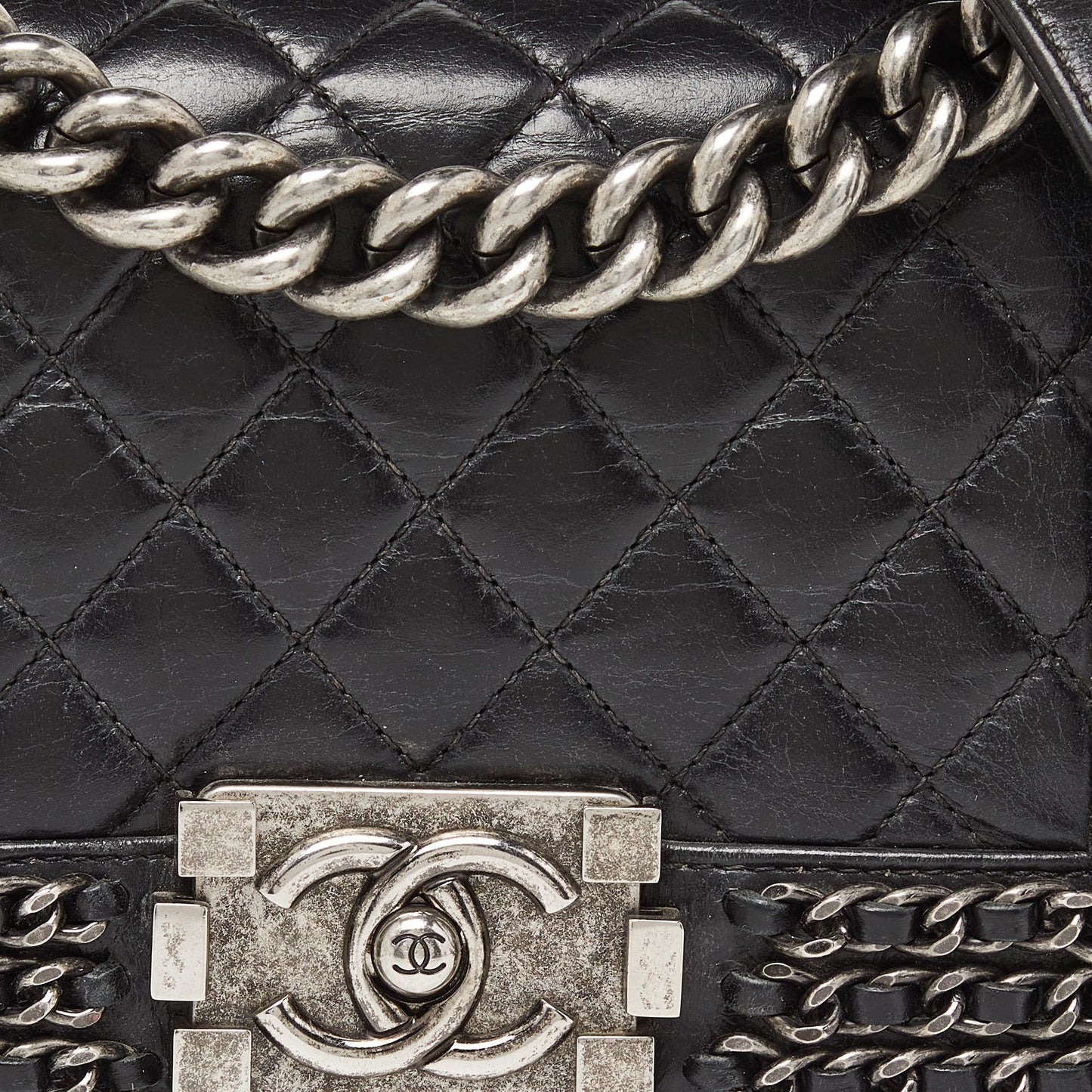 CHANEL Black Quilted Leather Small Boy Chained Flap Bag