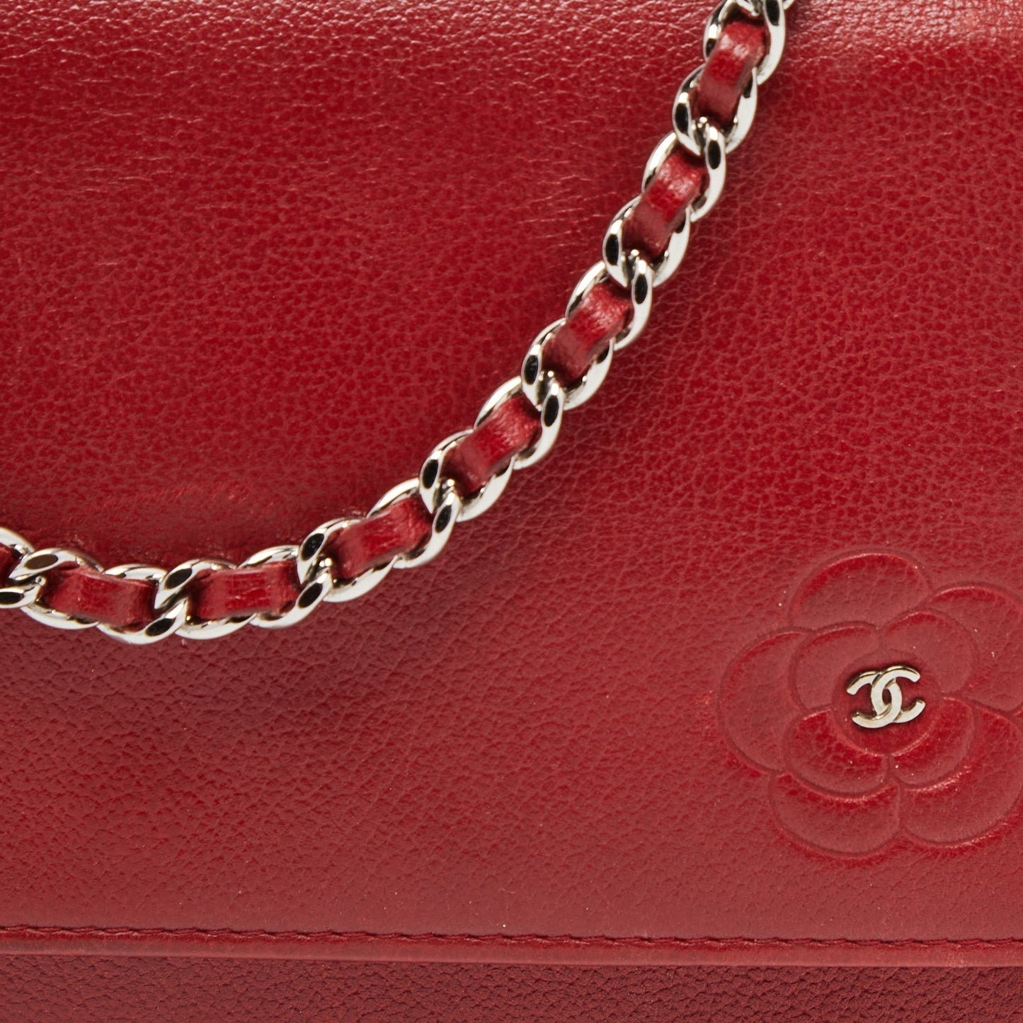 CHANEL Red Leather Camellia Wallet On Chain