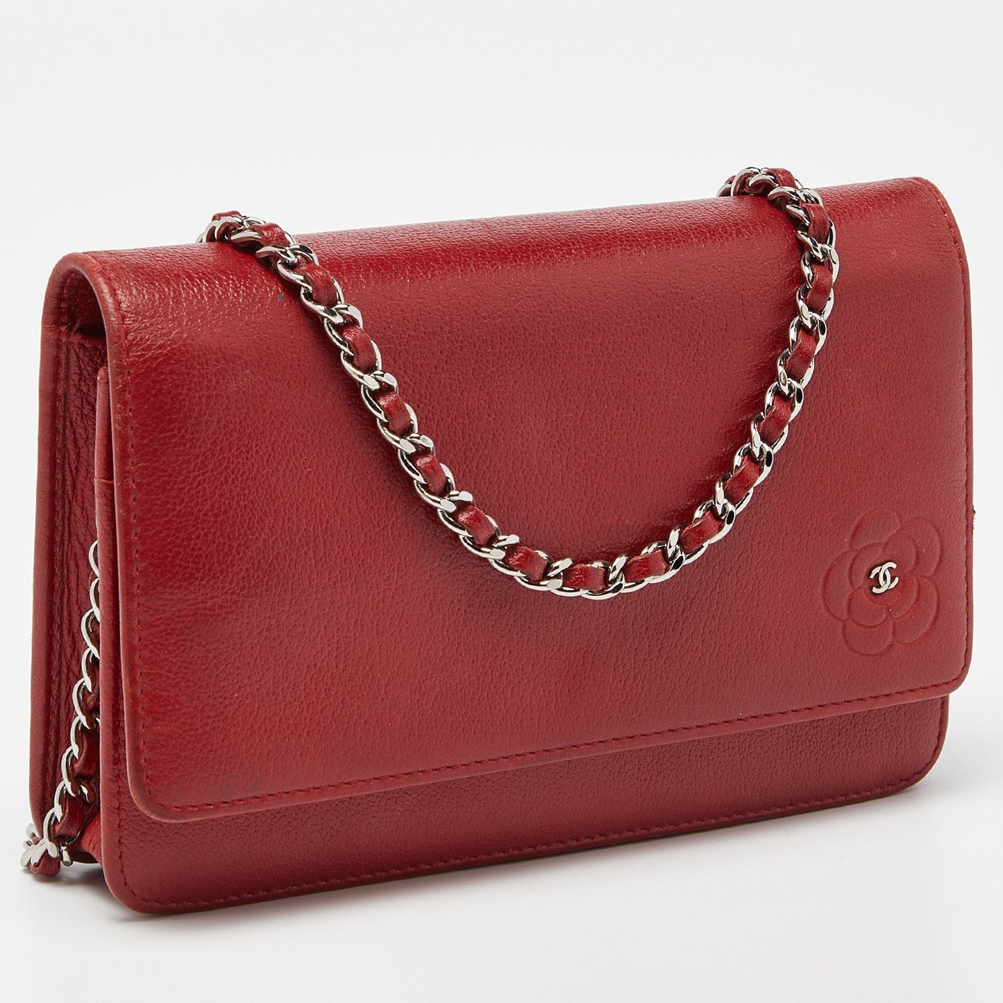 CHANEL Red Leather Camellia Wallet On Chain