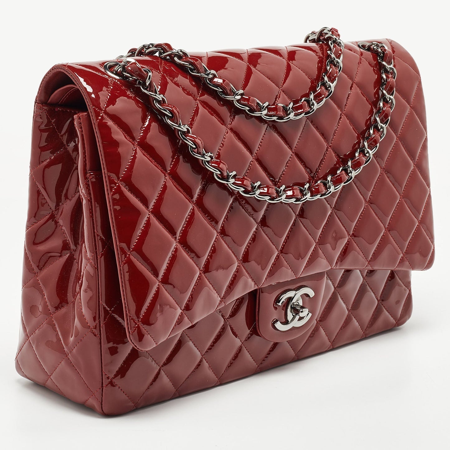 CHANEL Red Quilted Patent Leather Maxi Classic Double Flap Bag