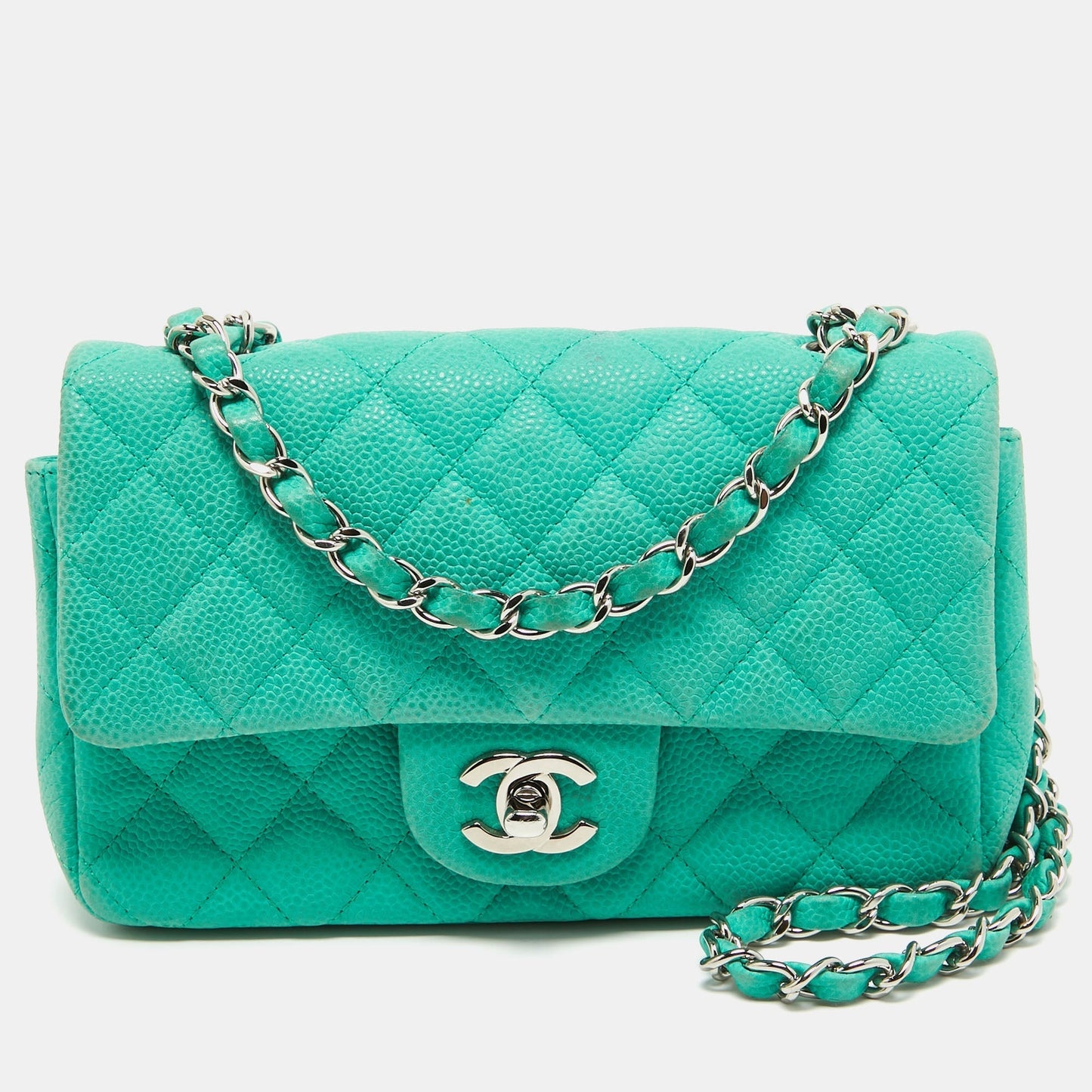 CHANEL Green Quilted Caviar Leather New Mini Classic Flap Bag
