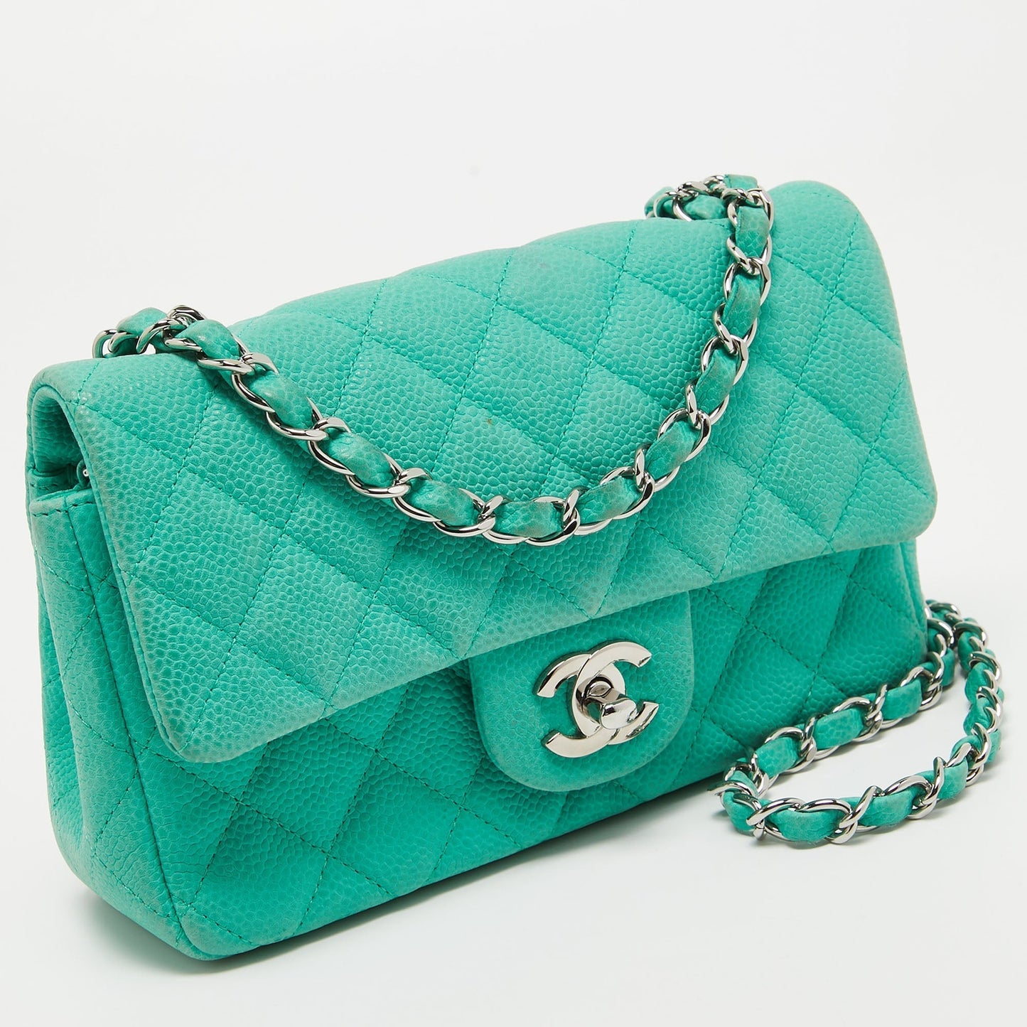 CHANEL Green Quilted Caviar Leather New Mini Classic Flap Bag
